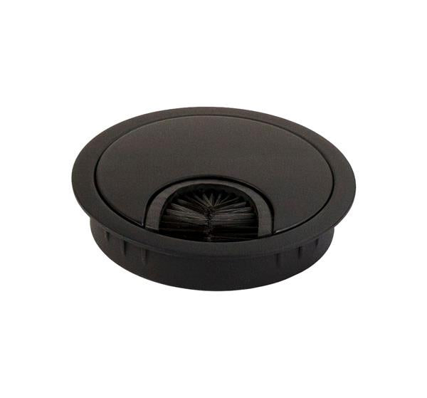 High-quality Zamak cable grommet, Ø 60 mm for desks with brush seal, finish: black. Desk cable management cable grommet from SISO / Denmark