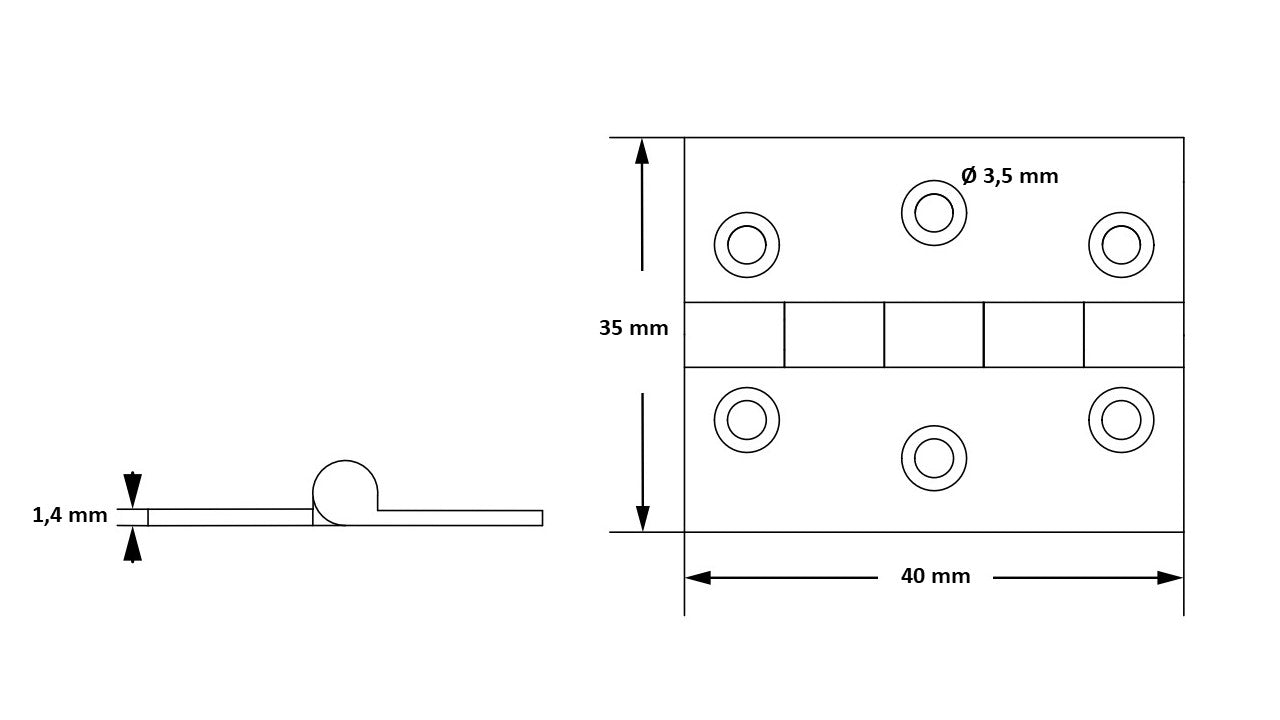 2 high-quality furniture hinges made of brass, perforated, 40x35x1.4 mm; sanded