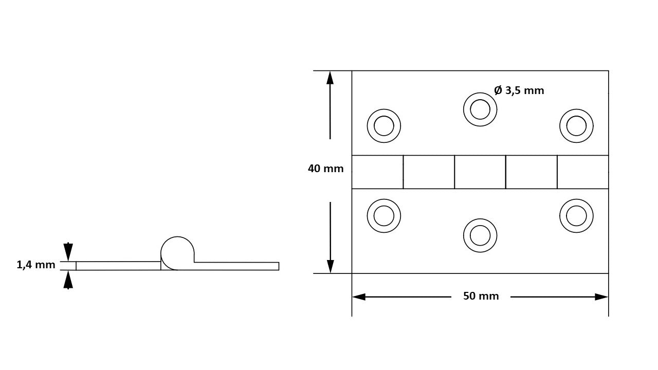 2 pièces de charnières de meubles de haute qualité en laiton, perforées, 50x40x1,4 mm ; poncé
