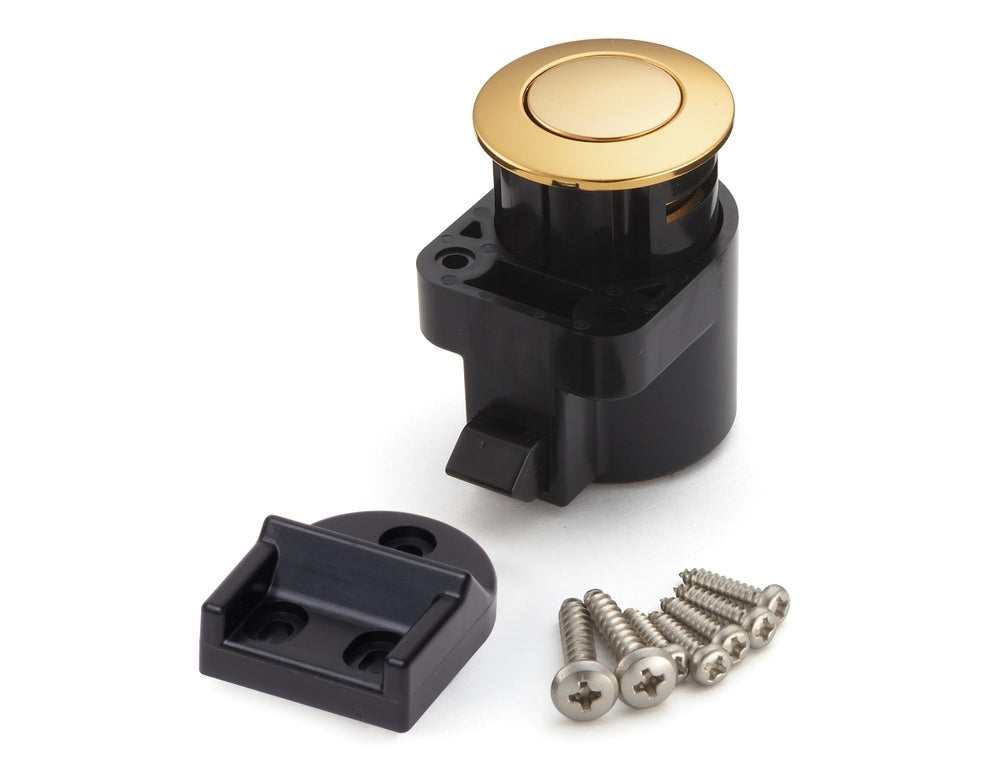 High-quality snap fastener with handle function, made of zinc alloy (ZDC), surface: gold-colored, glossy polished, design: round, DPL-RO-G. Solid snap fastener for motorhomes, caravans, and much more, from Sugatsune / LAMP® (Japan)