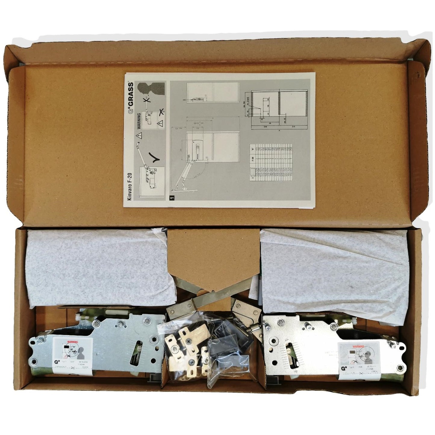 GRASS Hetal Kinvaro F-20 folding flap fitting with opening assistance and closing damper. Flap fitting with gray cover caps.