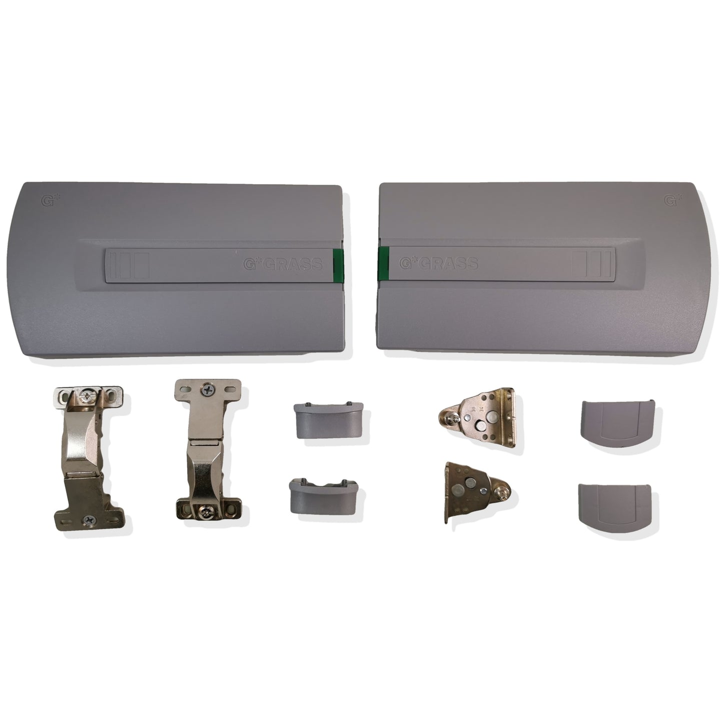 GRASS Hetal Kinvaro F-20 folding flap fitting with opening assistance and closing damper. Flap fitting with gray cover caps.