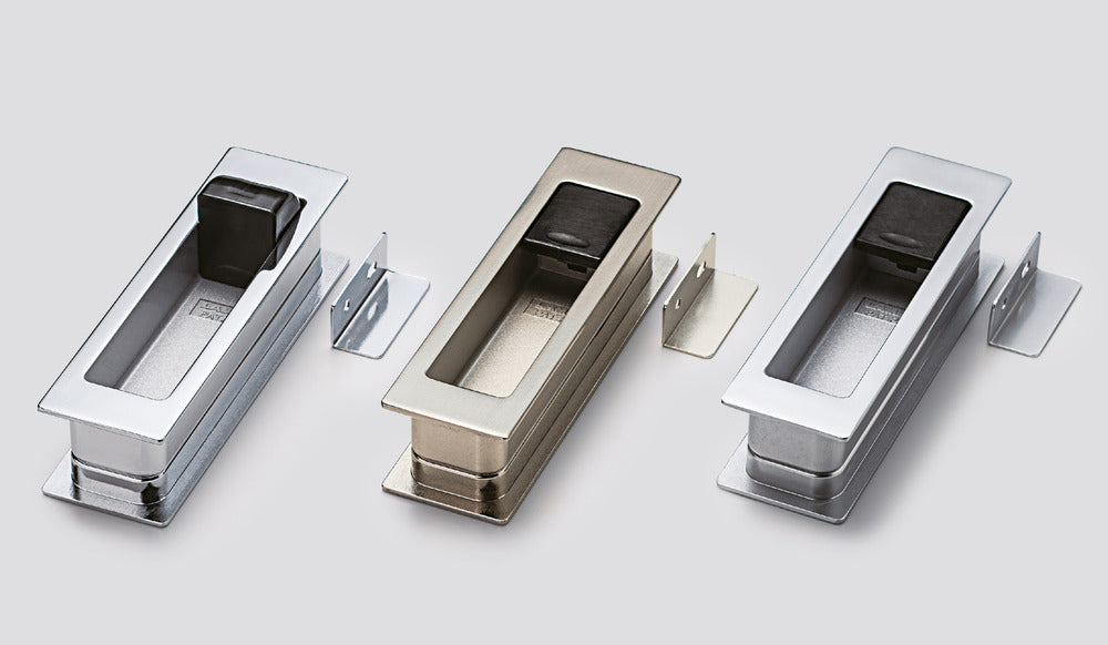 Zinc alloy flush pull with integrated fold-out door stop, chrome-plated finish, 135 mm (5.4") HH-P135CR. HH-P135CR flush pull with buffer for sliding doors, from Sugatsune / LAMP® (Japan)