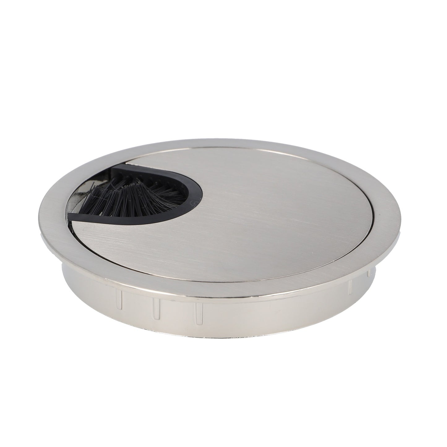 High-quality, solid Zamak cable grommet, Ø80 mm for desks with brush seal, surface: stainless steel look. Desk cable management cable outlet from SISO / Denmark