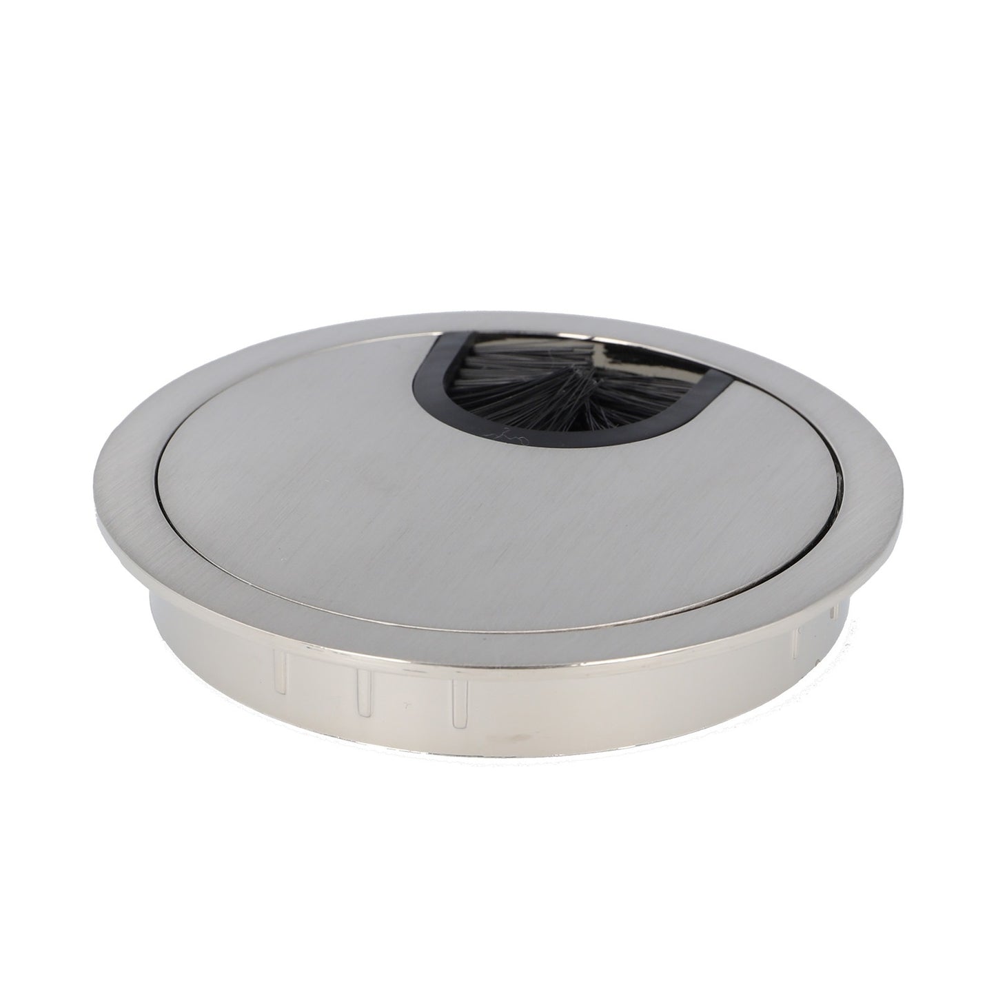 High-quality, solid Zamak cable grommet, Ø80 mm for desks with brush seal, surface: stainless steel look. Desk cable management cable outlet from SISO / Denmark