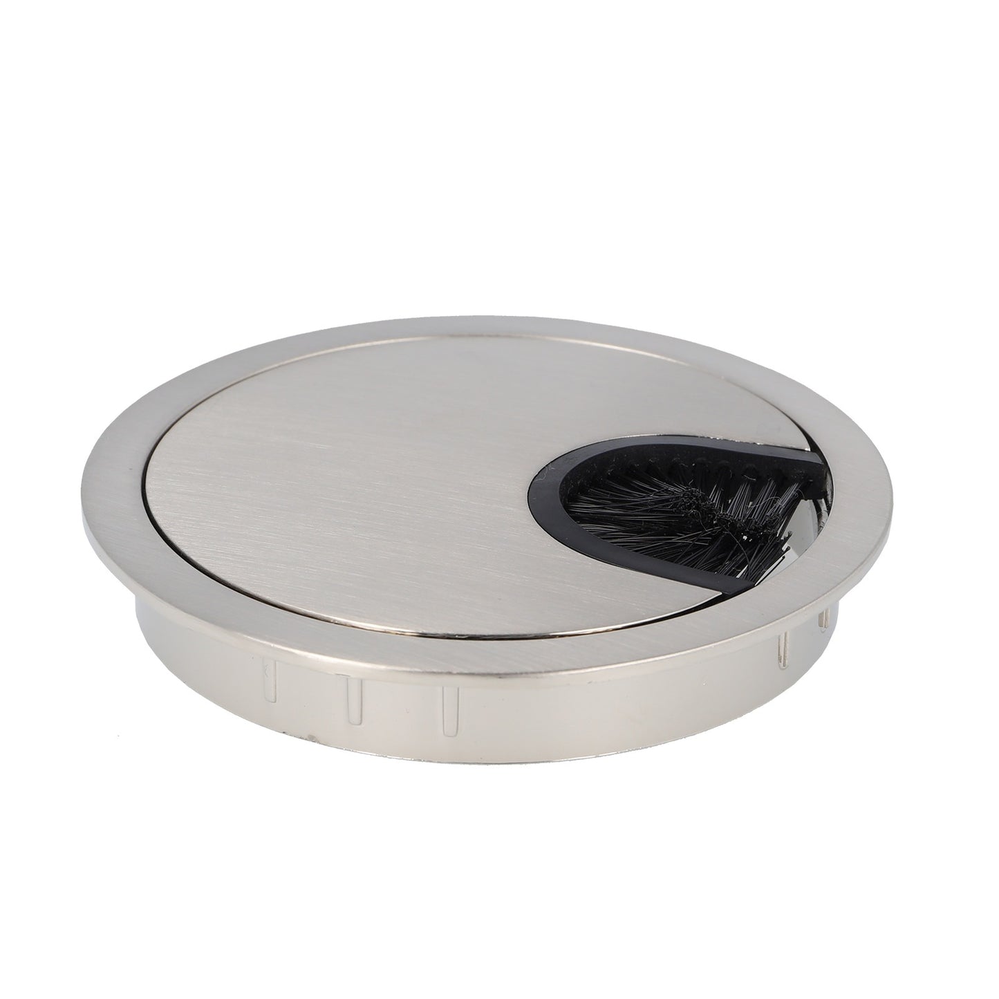 High-quality, solid Zamak cable grommet, Ø80 mm for desks with brush seal, surface: stainless steel look. Desk cable management cable outlet from SISO / Denmark
