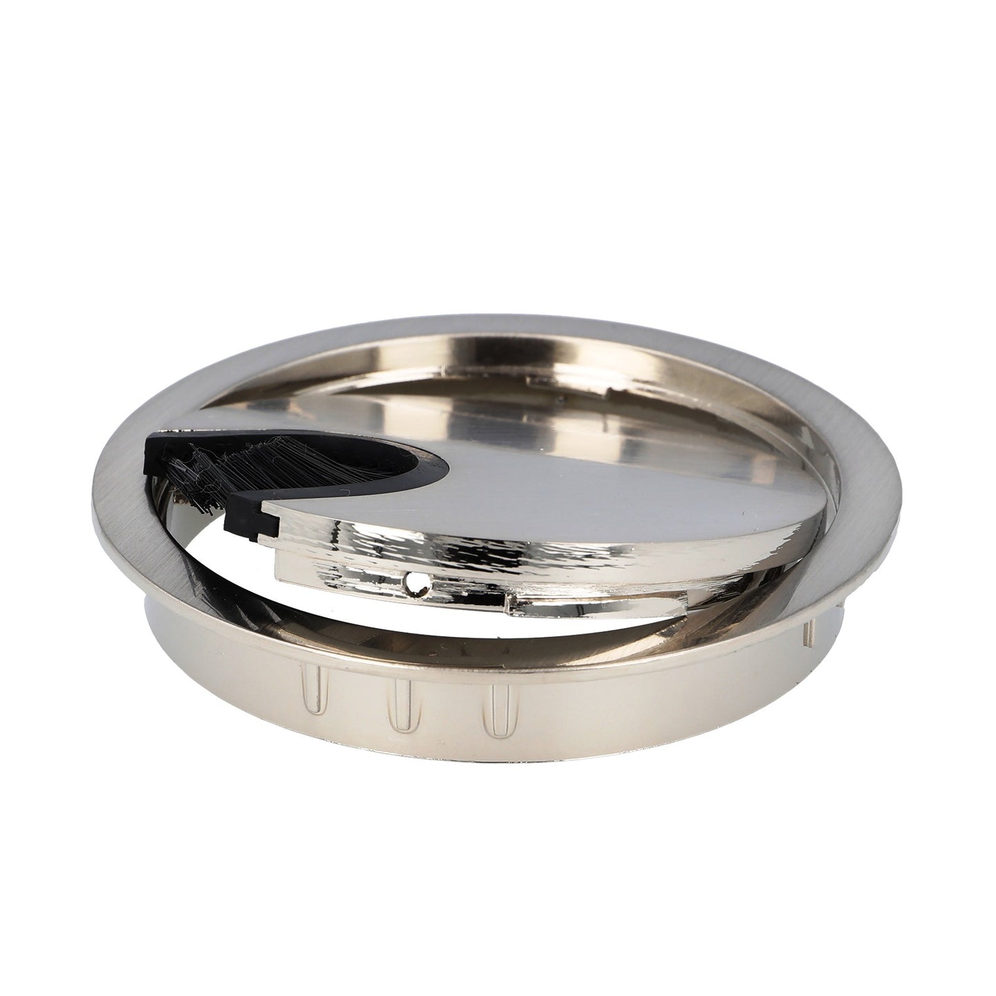 High-quality, solid Zamak cable grommet, Ø80 mm for desks with brush seal, surface: stainless steel look. Desk cable management cable outlet from SISO / Denmark