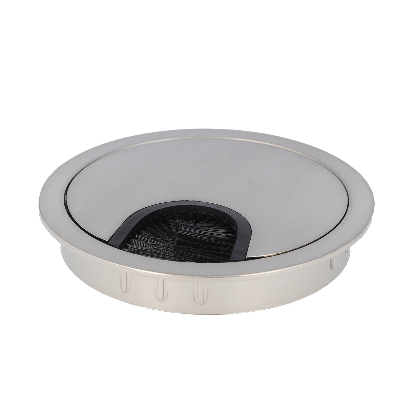 High-quality, solid Zamak cable grommet, Ø80 mm for desks with brush seal, surface: stainless steel look. Desk cable management cable outlet from SISO / Denmark