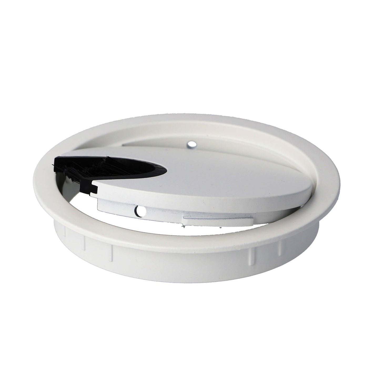 High-quality, solid Zamak cable grommet, Ø80 mm for desks with brush seal, finish: white. Desk cable management cable outlet from SISO / Denmark