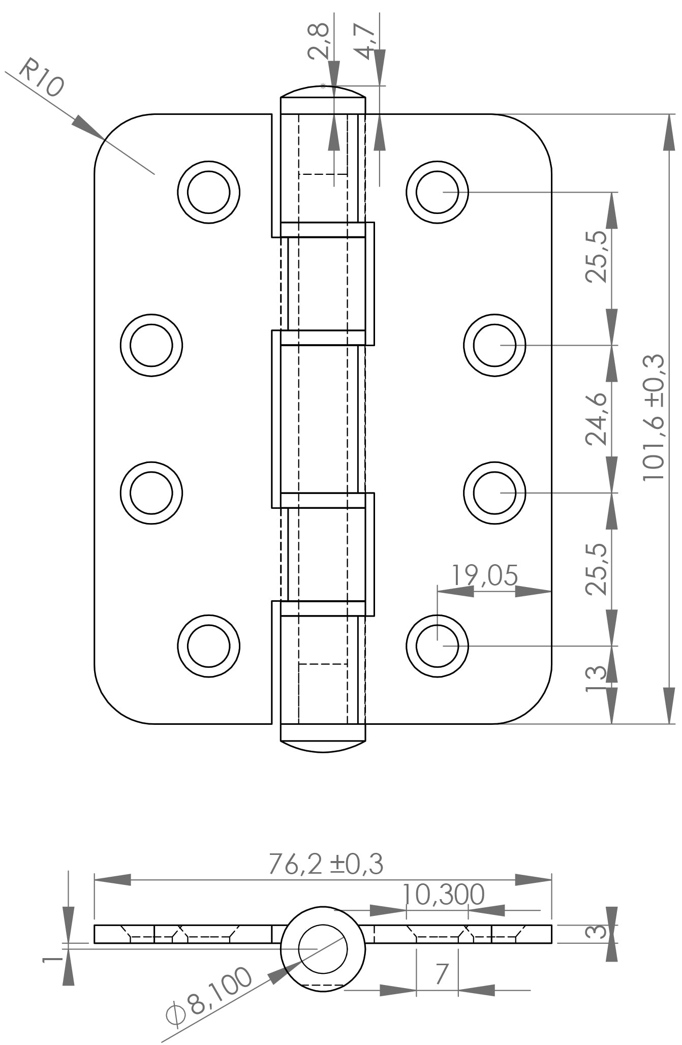 Two high-quality SISO / UMAXO® door hinges made of solid stainless steel, 102 mm, with rounded corners, including screws. Door hinges for heavy doors. Made of SUS304 (V2A) stainless steel, material thickness 3 mm.