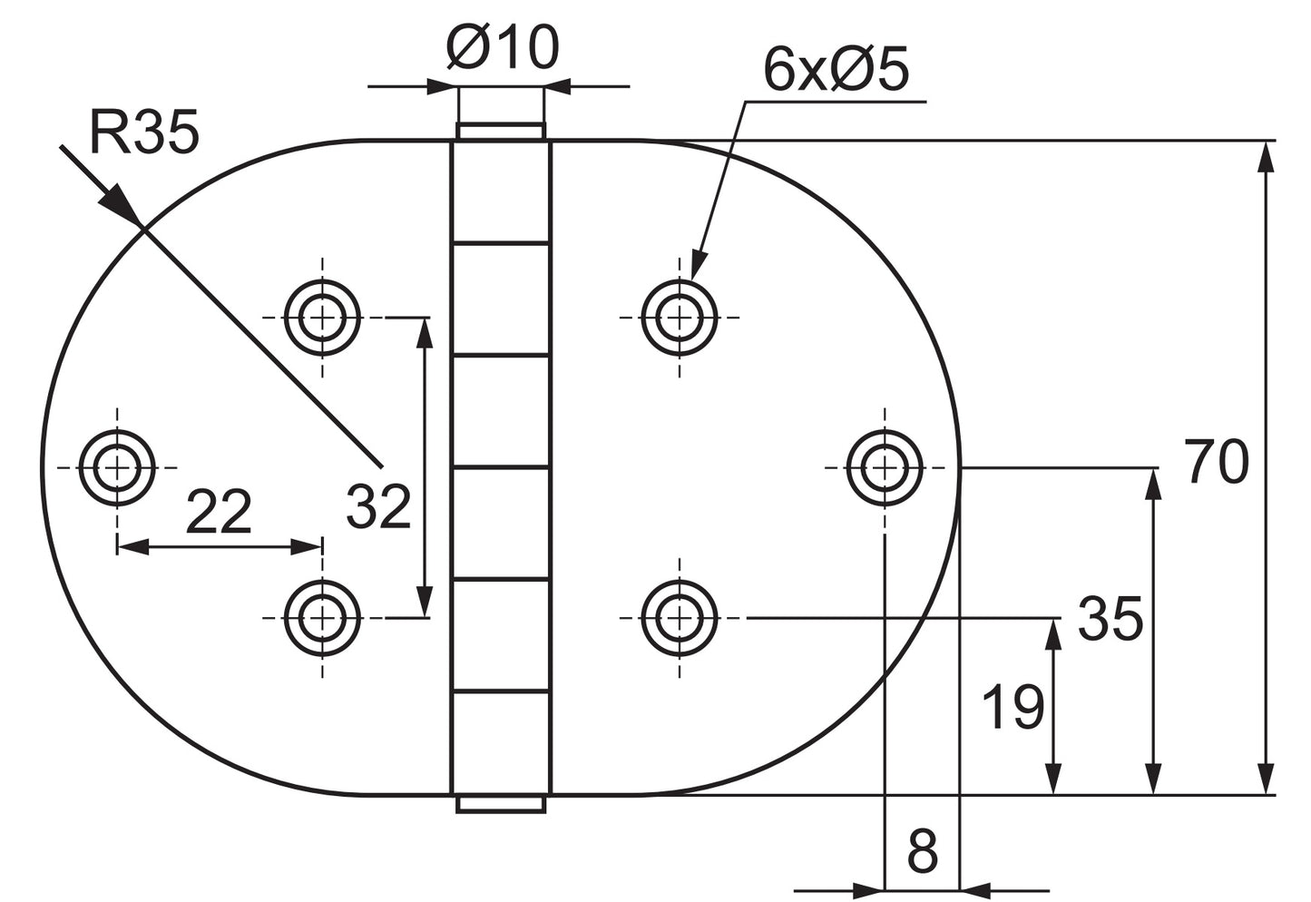 Two high-quality SISO / UMAXO® round door hinges made of solid stainless steel, 98 x 70 x 2 mm, including screws. Door hinges for doors in wet areas. Made of SUS304 (V2A) stainless steel, material thickness 2 mm.