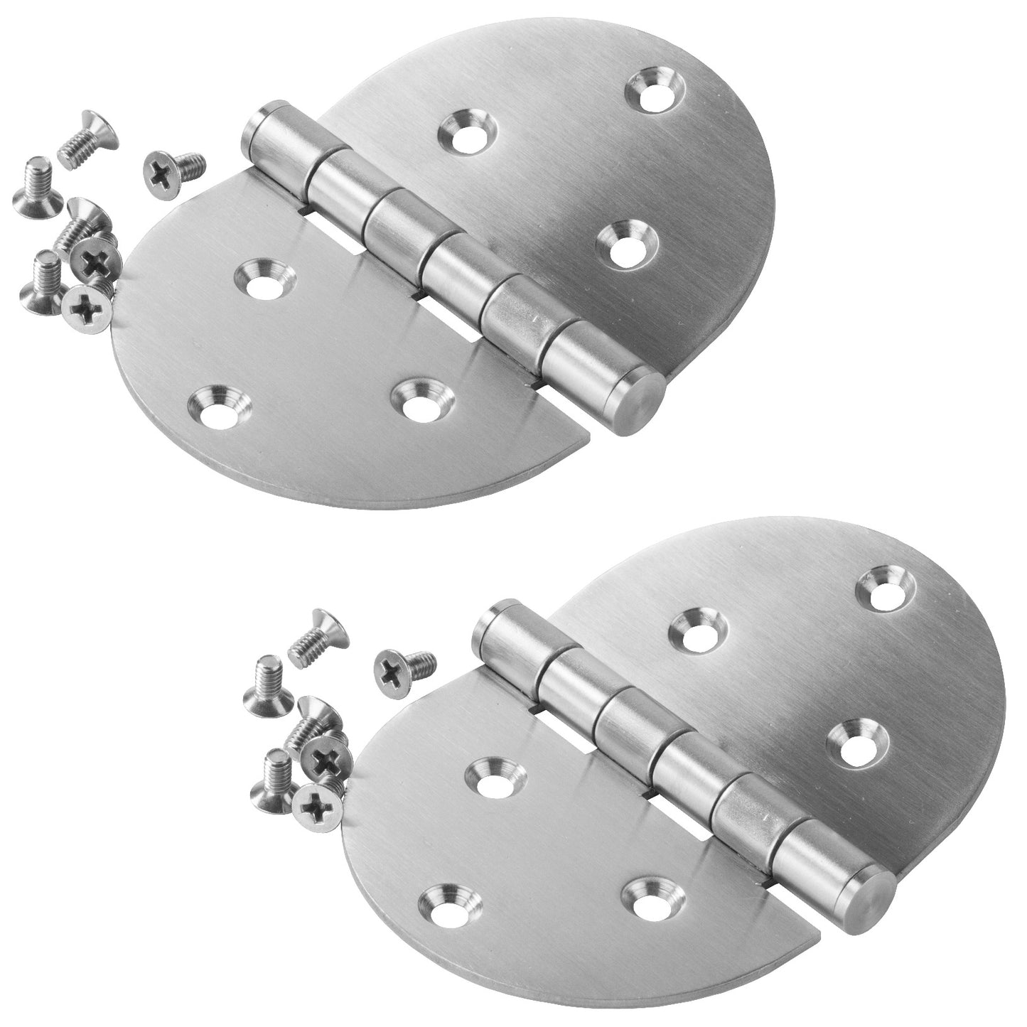 Two high-quality SISO / UMAXO® round door hinges made of solid stainless steel, 98 x 70 x 2 mm, including screws. Door hinges for doors in wet areas. Made of SUS304 (V2A) stainless steel, material thickness 2 mm.
