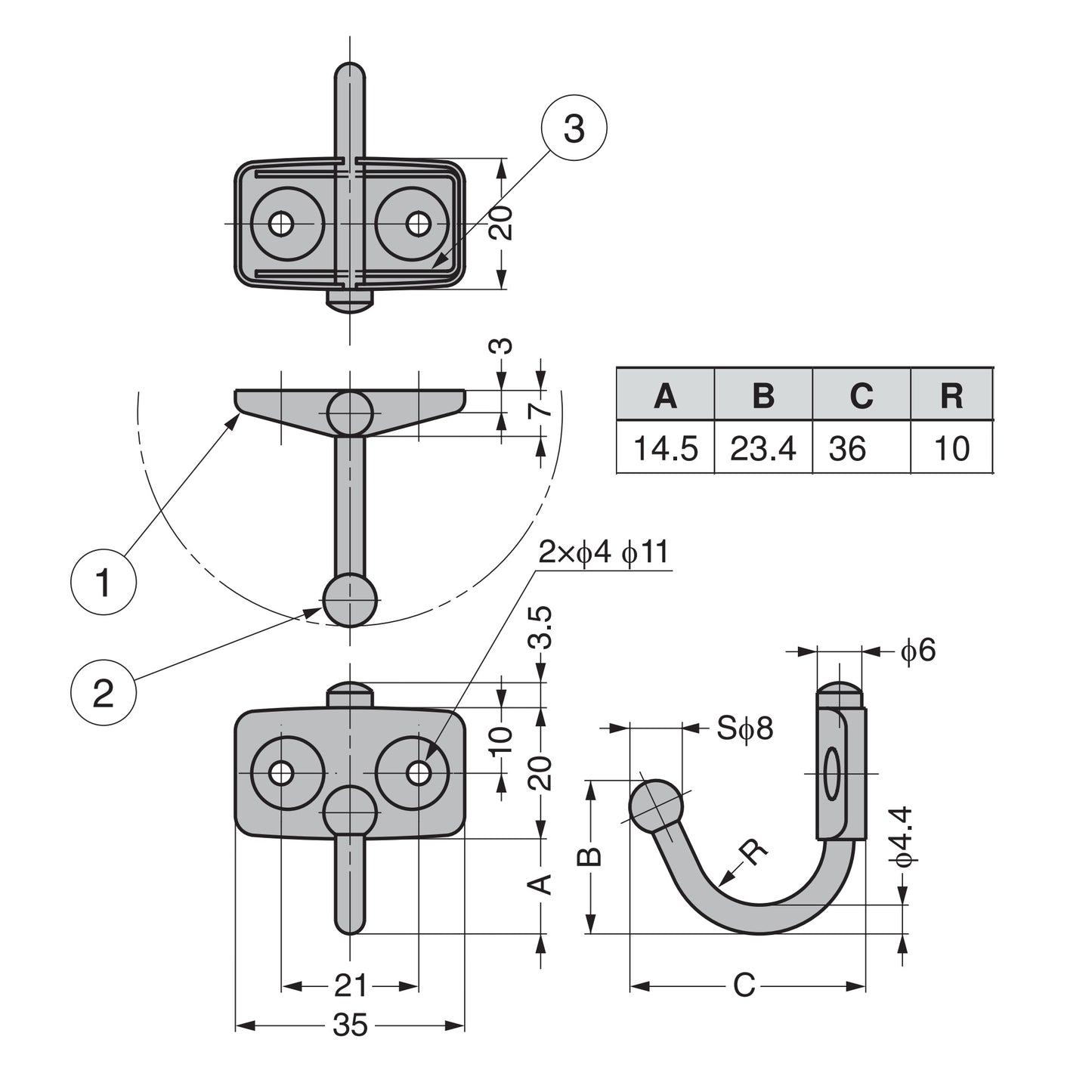 Two high-quality, small, stainless steel swivel hooks for wall mounting. Also suitable for motorhomes, caravans, and boats. Stainless steel hook TK-30 from Sugatsune / Lamp (Japan)