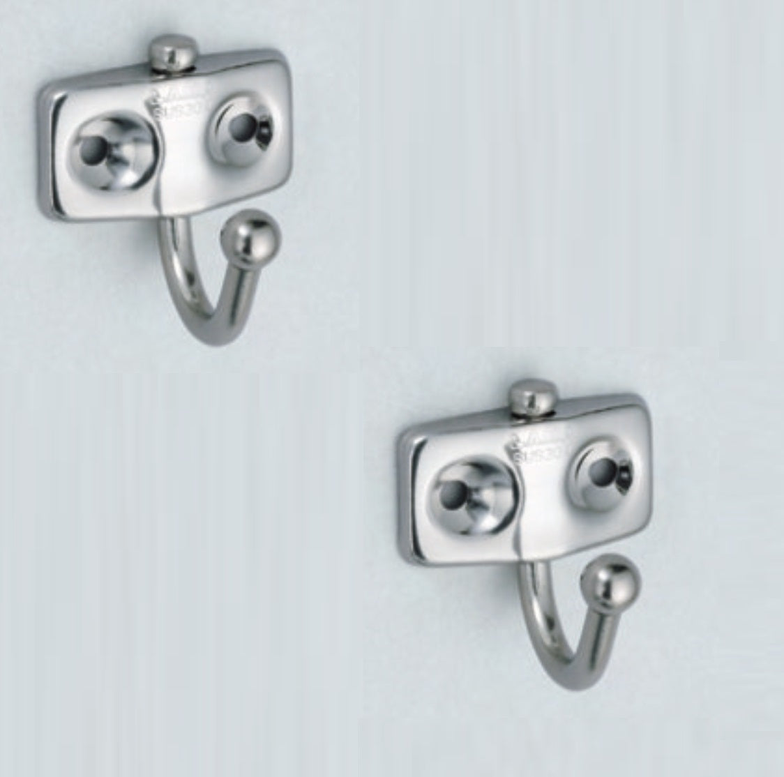 Two high-quality, small, stainless steel swivel hooks for wall mounting. Also suitable for motorhomes, caravans, and boats. Stainless steel hook TK-30 from Sugatsune / Lamp (Japan)
