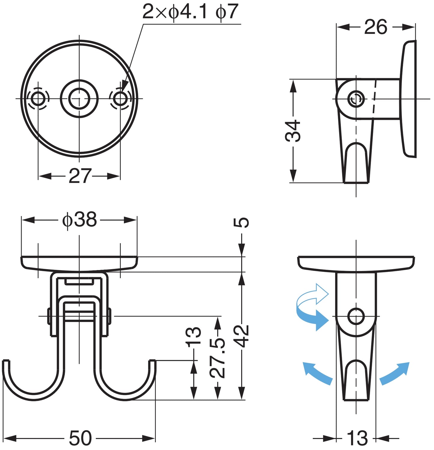 High-quality rotating and pivoting hook made of V2A stainless steel for wall and ceiling mounting. Stainless steel hook RF-U50 from Sugatsune / LAMP® (Japan)