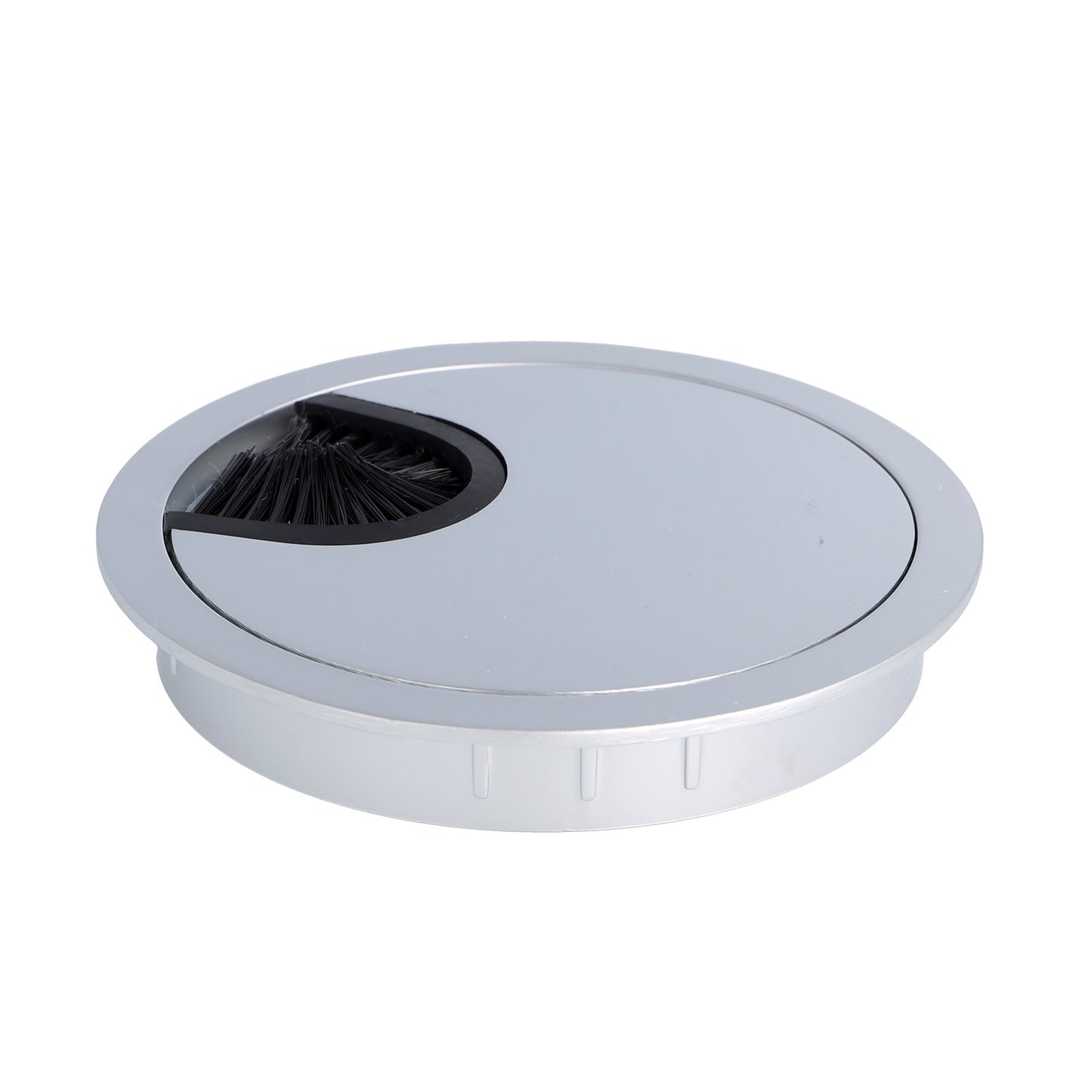 High-quality, solid Zamak cable grommet, Ø80 mm for desks with brush seal, surface: aluminum look. Desk cable management cable outlet from SISO / Denmark