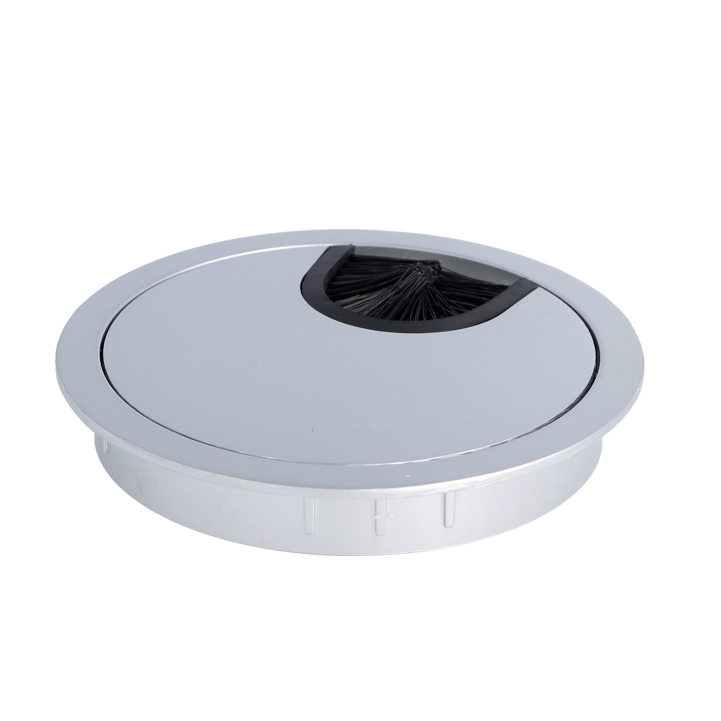 High-quality, solid Zamak cable grommet, Ø80 mm for desks with brush seal, surface: aluminum look. Desk cable management cable outlet from SISO / Denmark