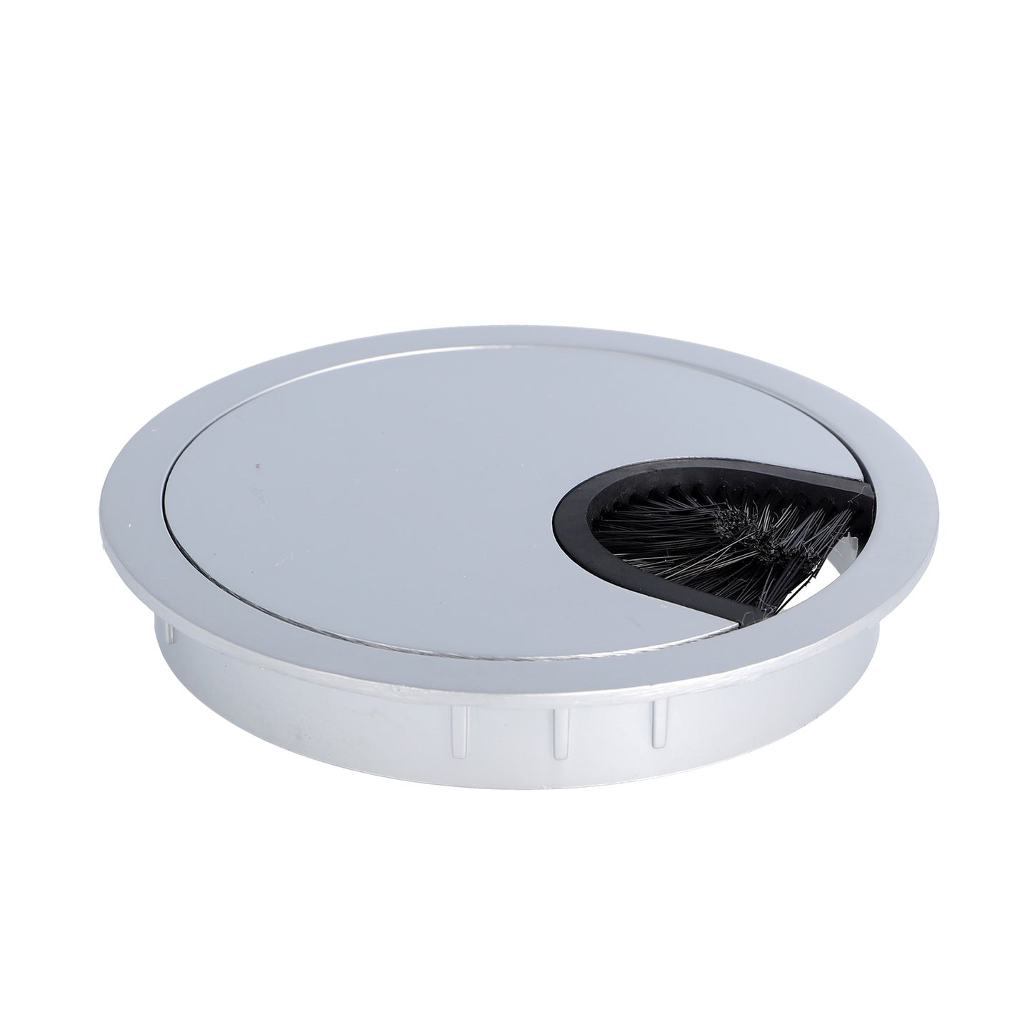 High-quality, solid Zamak cable grommet, Ø80 mm for desks with brush seal, surface: aluminum look. Desk cable management cable outlet from SISO / Denmark
