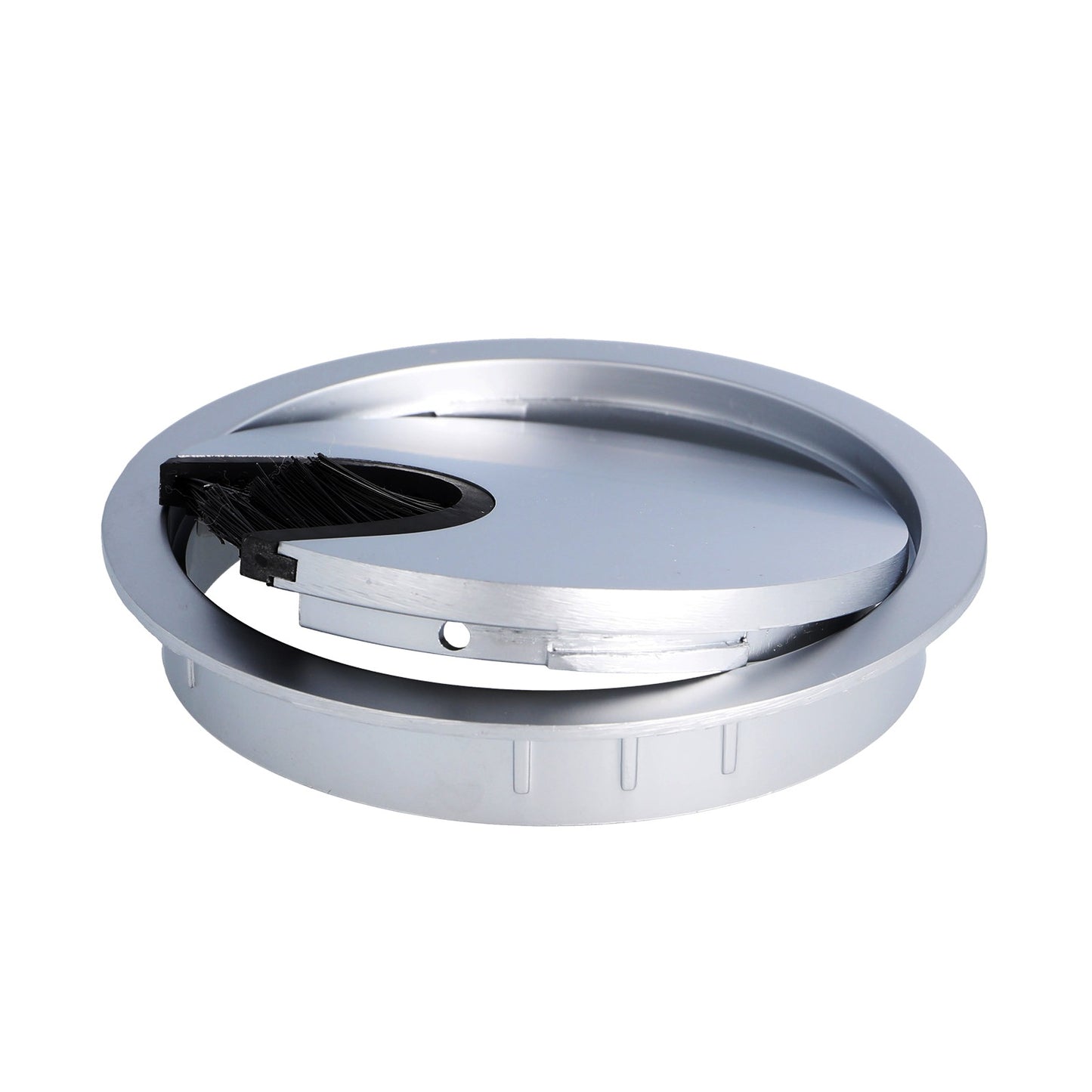 High-quality, solid Zamak cable grommet, Ø80 mm for desks with brush seal, surface: aluminum look. Desk cable management cable outlet from SISO / Denmark