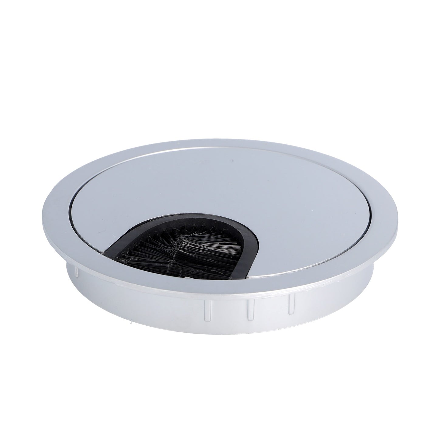 High-quality, solid Zamak cable grommet, Ø80 mm for desks with brush seal, surface: aluminum look. Desk cable management cable outlet from SISO / Denmark