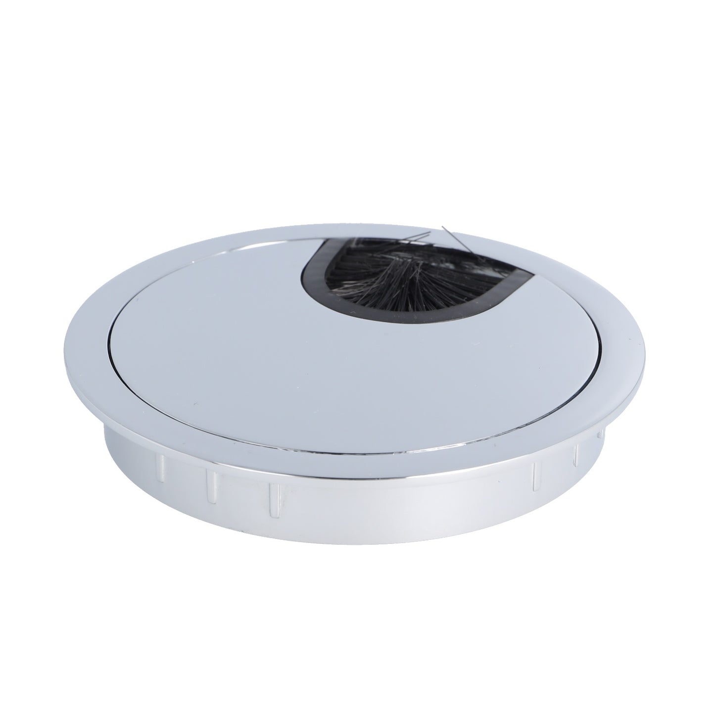 High-quality, solid Zamak cable grommet, Ø80 mm for desks with brush seal, chrome-plated finish. Desk cable guide from SISO / Denmark