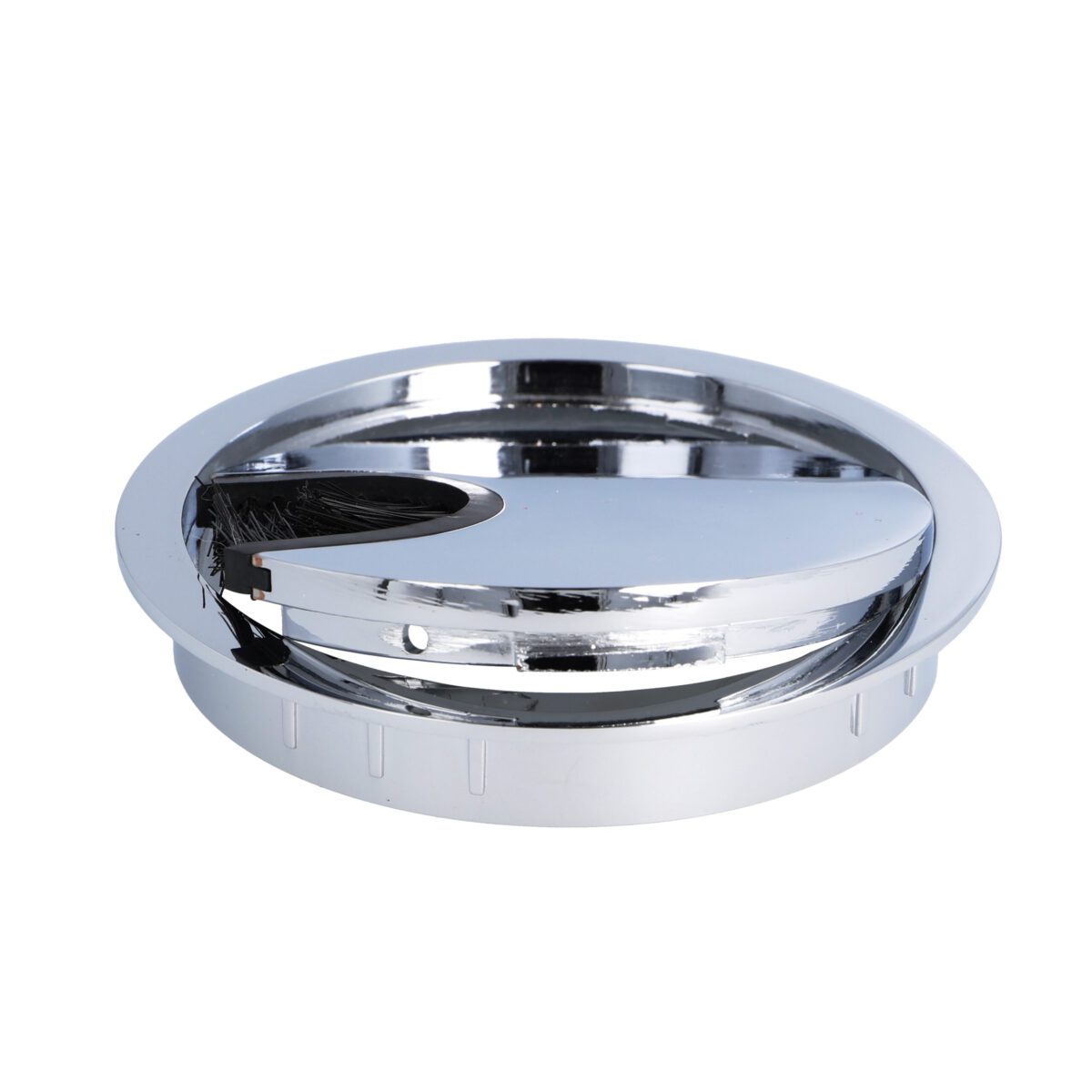 High-quality, solid Zamak cable grommet, Ø80 mm for desks with brush seal, chrome-plated finish. Desk cable guide from SISO / Denmark