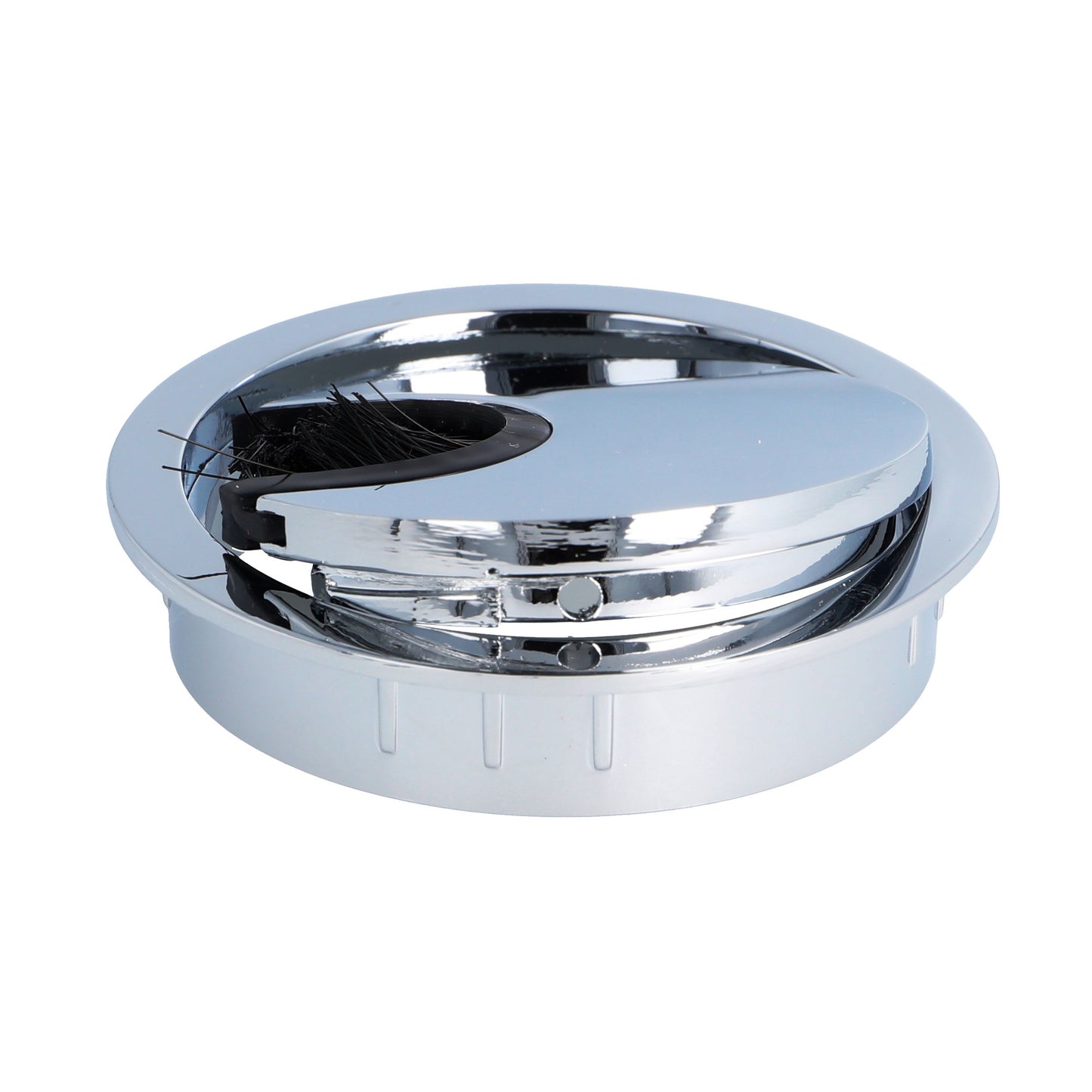 High-quality Zamak cable grommet, Ø 60 mm for desks with brush seal, chrome-plated finish. Desk cable management cable grommet from SISO / Denmark