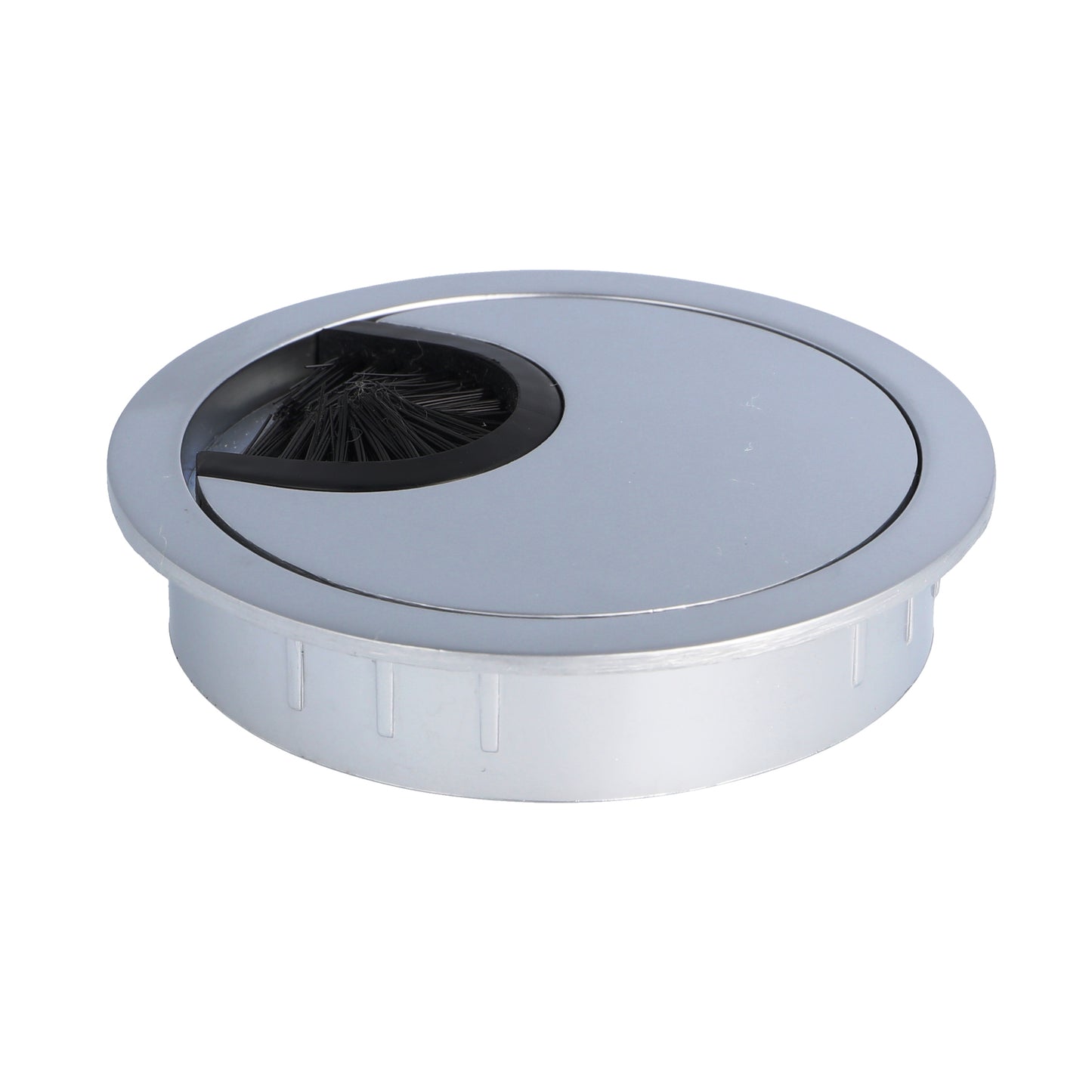 High-quality Zamak cable grommet, Ø 60 mm for desks with brush seal, surface: aluminum look. Desk cable management cable grommet from SISO / Denmark