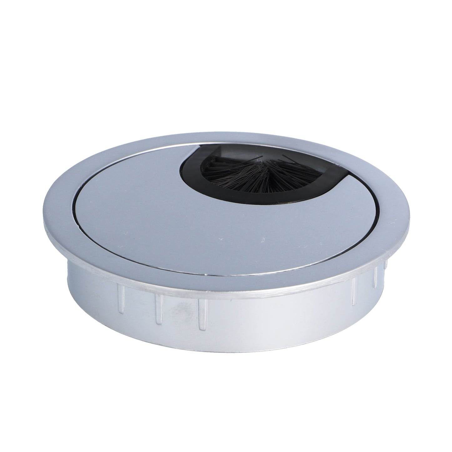 High-quality Zamak cable grommet, Ø 60 mm for desks with brush seal, surface: aluminum look. Desk cable management cable grommet from SISO / Denmark
