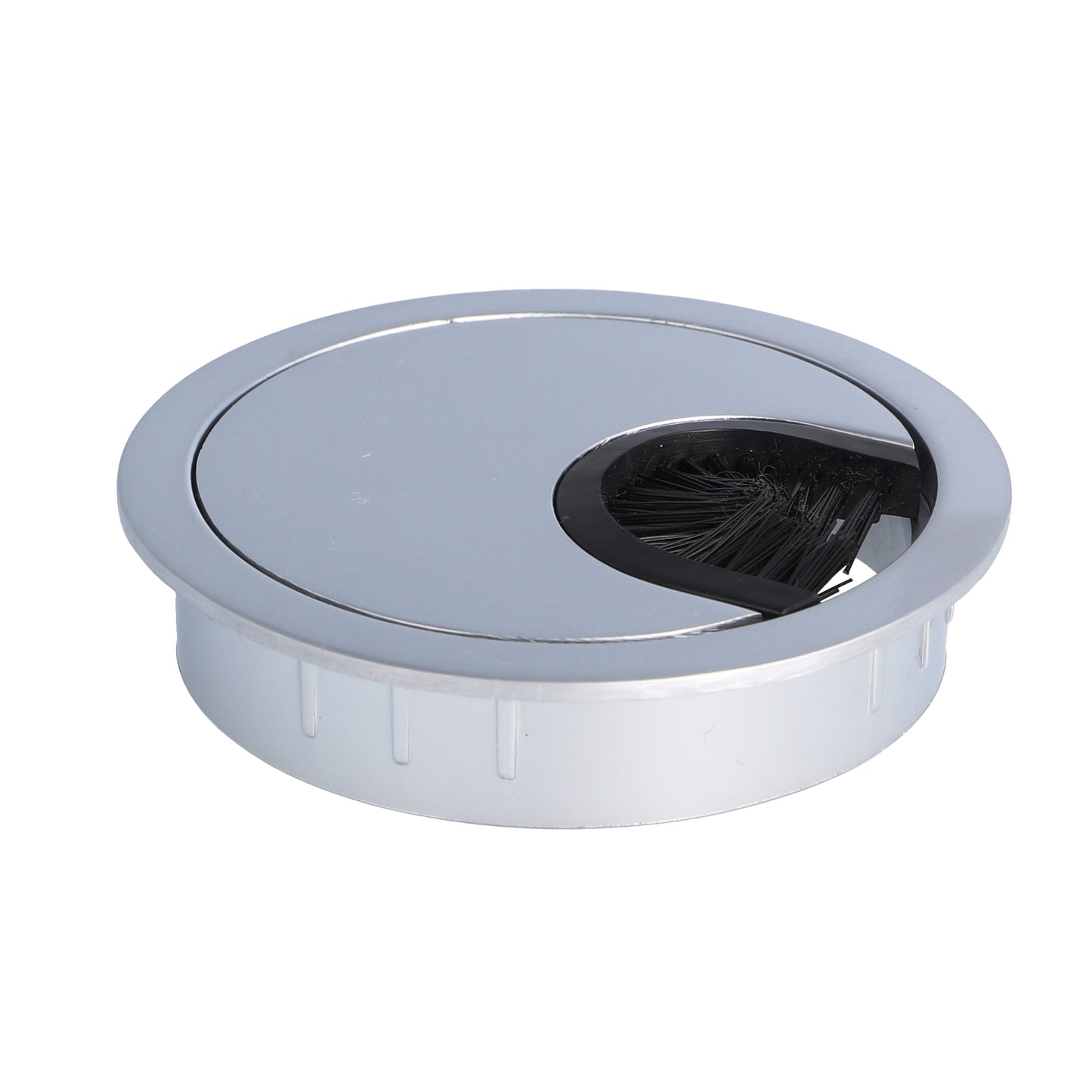 High-quality Zamak cable grommet, Ø 60 mm for desks with brush seal, surface: aluminum look. Desk cable management cable grommet from SISO / Denmark
