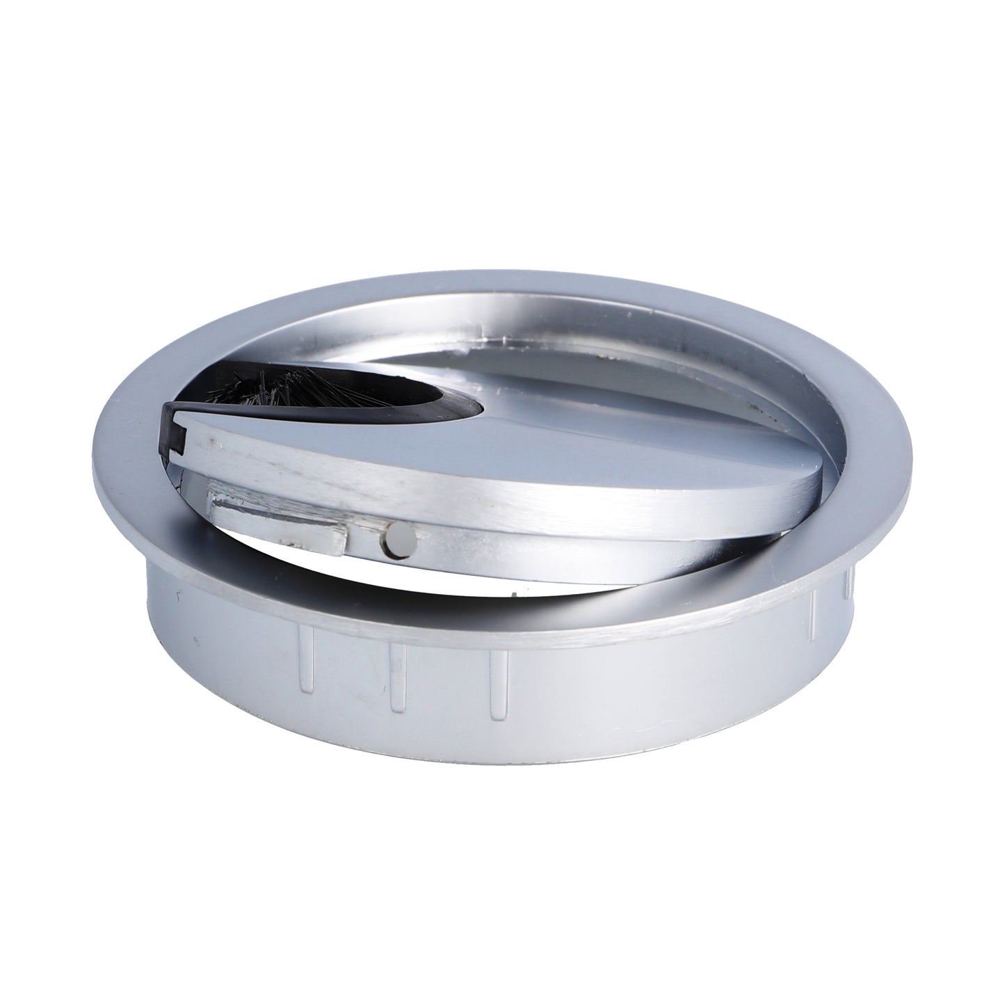 High-quality Zamak cable grommet, Ø 60 mm for desks with brush seal, surface: aluminum look. Desk cable management cable grommet from SISO / Denmark