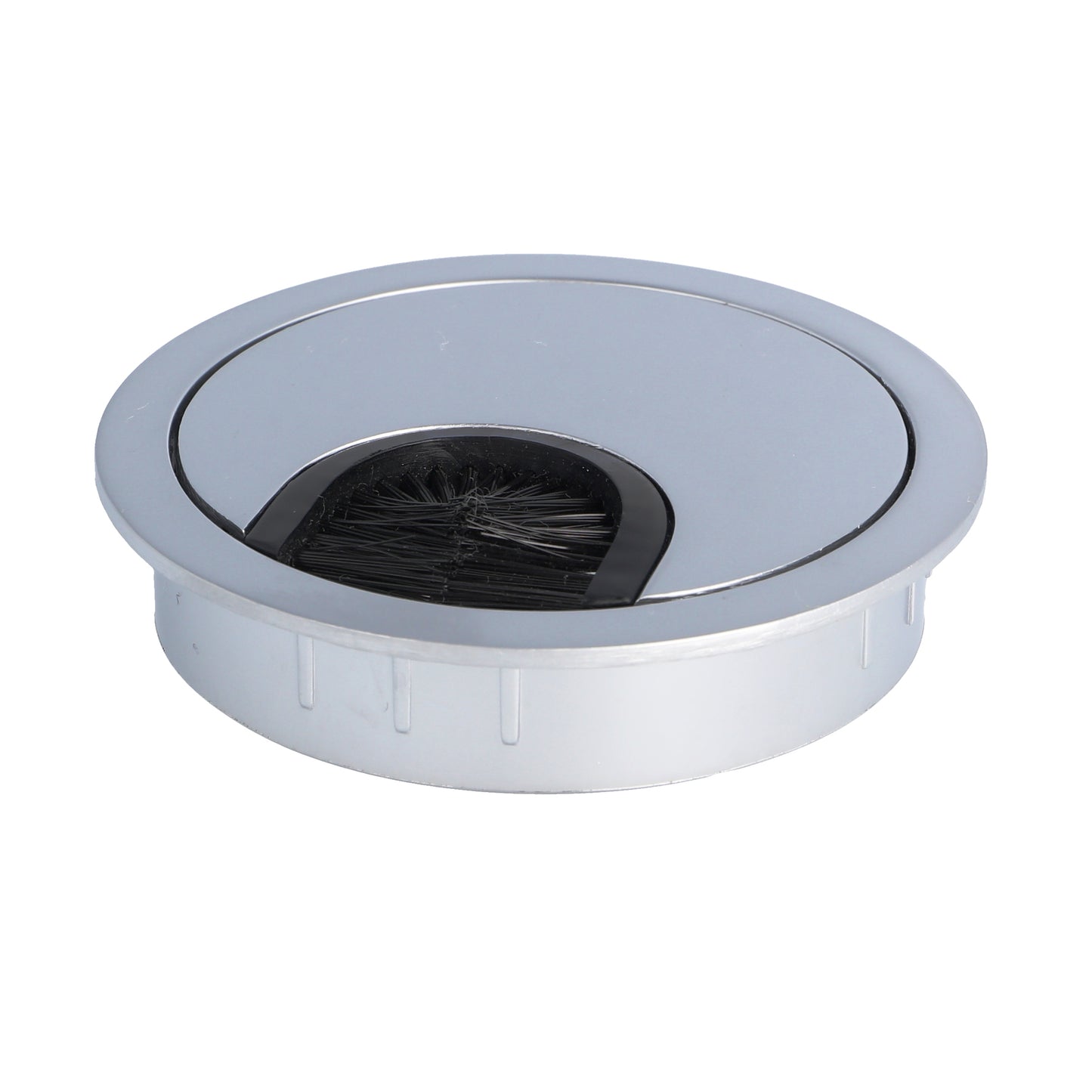High-quality Zamak cable grommet, Ø 60 mm for desks with brush seal, surface: aluminum look. Desk cable management cable grommet from SISO / Denmark