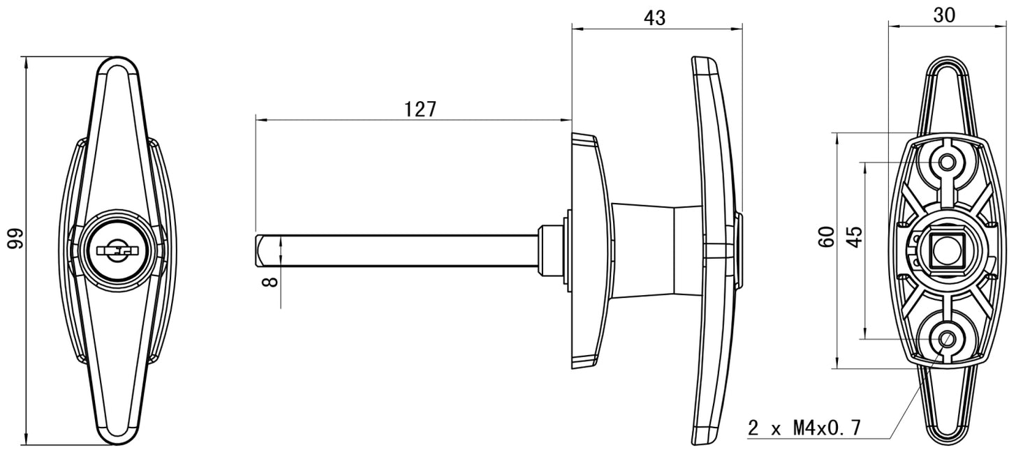 High-quality lockable garage door handle with locking cylinder, made of Zamak, with 8 mm square drive and two keys, for interior mounting, keyed separately, 14.08.054-0. Zamak cross handle for garage doors and much more, from SISO Denmark