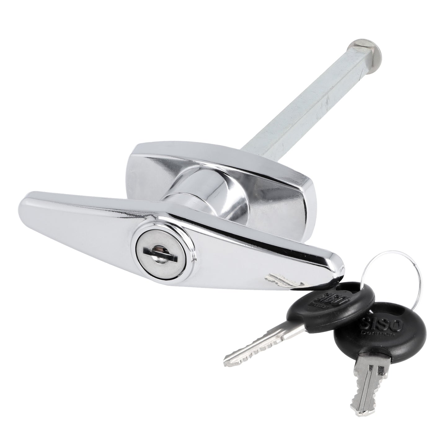 High-quality lockable garage door handle with locking cylinder, made of Zamak, with 8 mm square drive and two keys, for interior mounting, keyed separately, 14.08.054-0. Zamak cross handle for garage doors and much more, from SISO Denmark