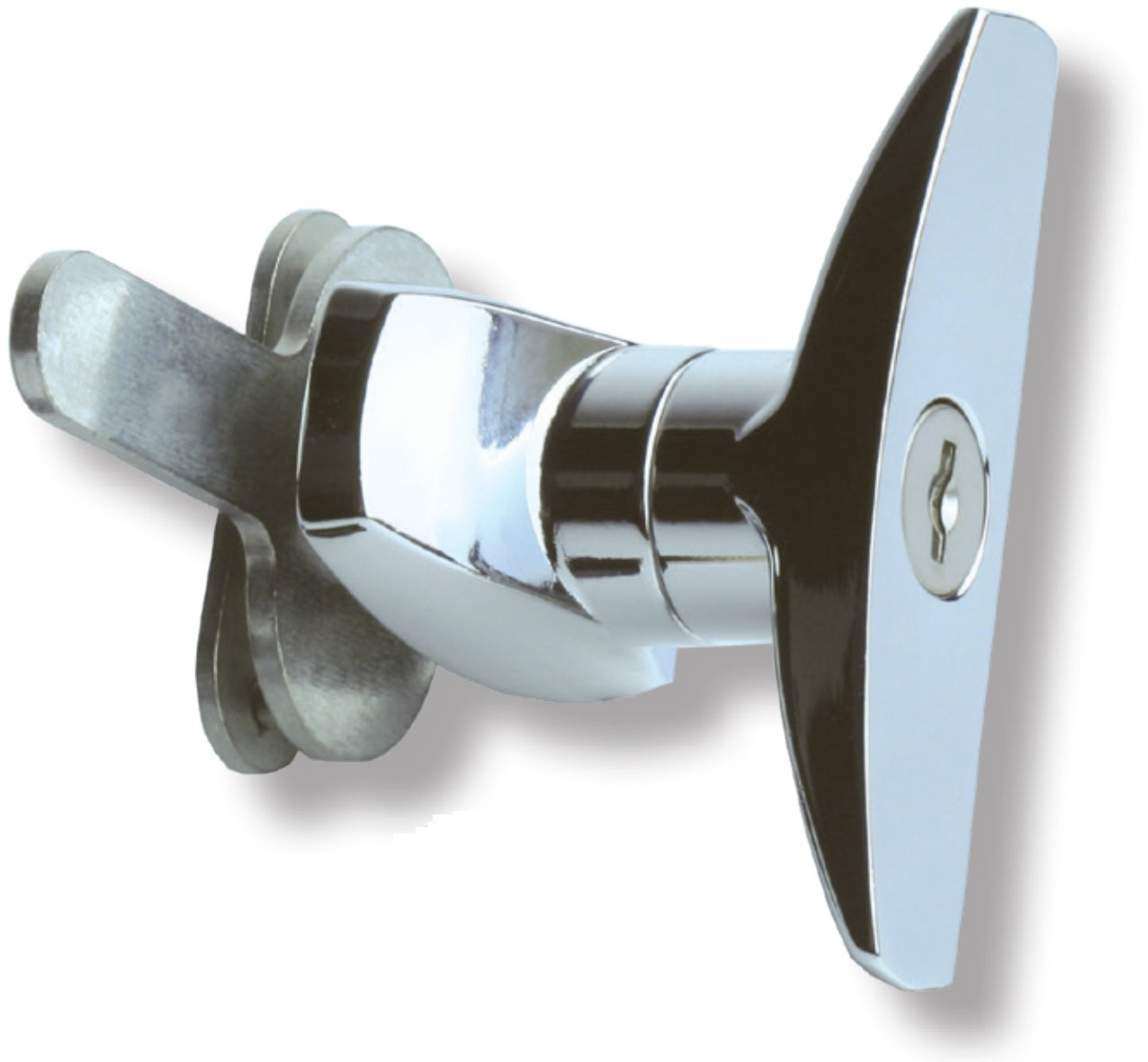 High-quality lockable control cabinet handle with locking cylinder, made of Zamak, with two keys, design: individually keyed, 14.08.055-1. T-handle made of Zamak for control cabinets, lockers, vehicles, and much more, from SISO Denmark