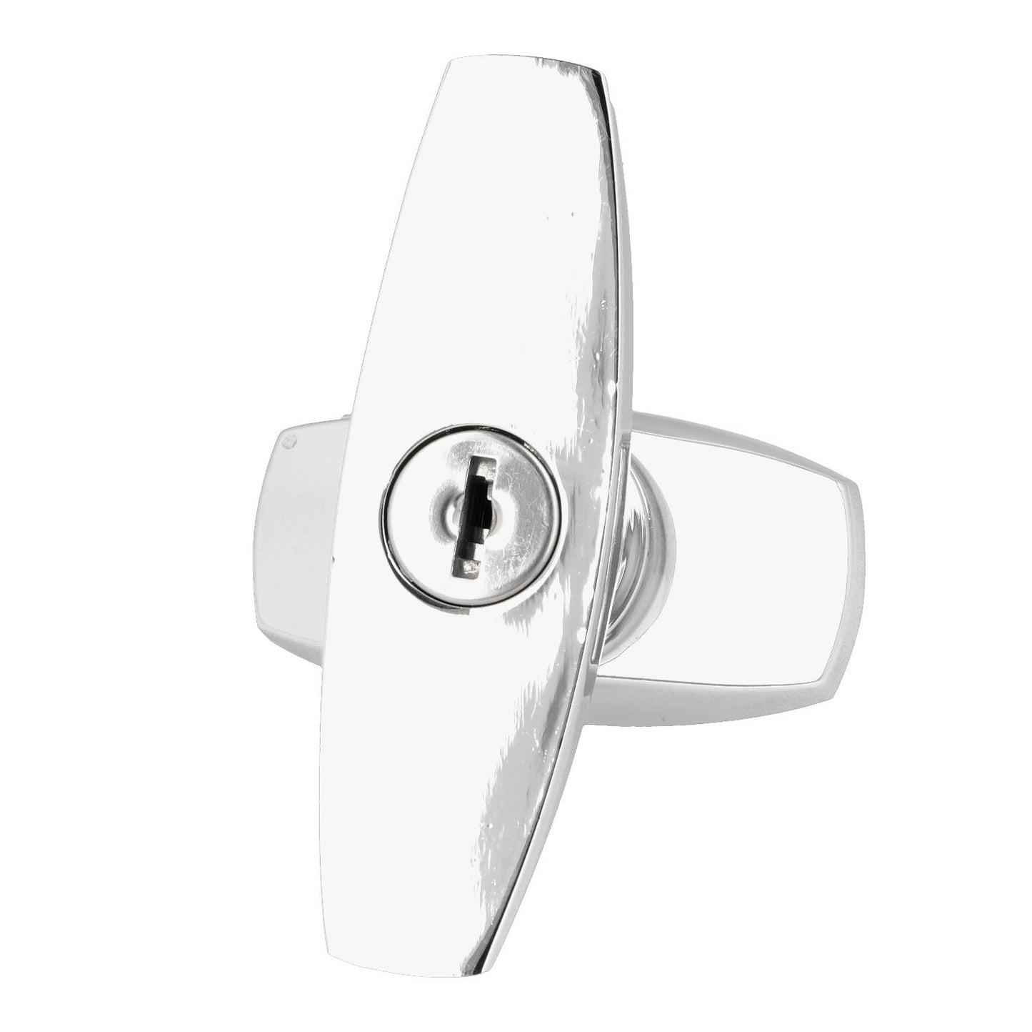 High-quality lockable control cabinet handle with locking cylinder, made of Zamak, with two keys, design: individually keyed, 14.08.055-1. T-handle made of Zamak for control cabinets, lockers, vehicles, and much more, from SISO Denmark
