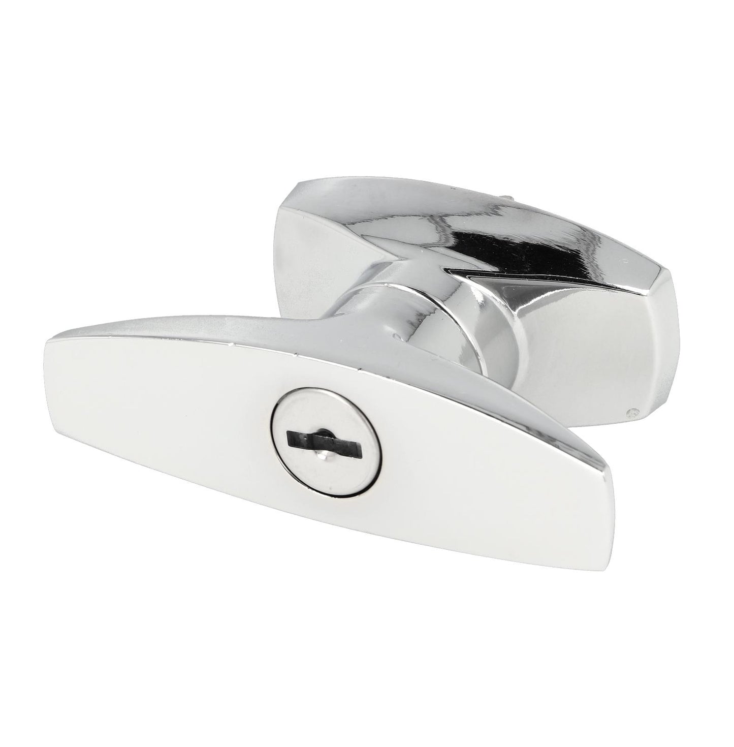 High-quality lockable control cabinet handle with locking cylinder, made of Zamak, with two keys, design: individually keyed, 14.08.055-1. T-handle made of Zamak for control cabinets, lockers, vehicles, and much more, from SISO Denmark