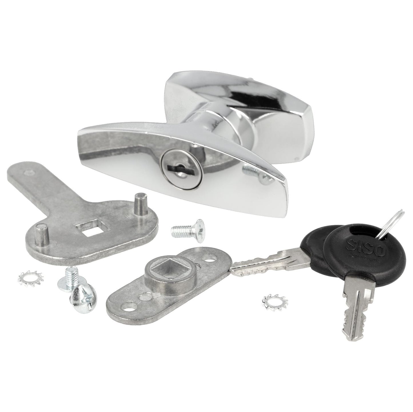 High-quality lockable control cabinet handle with locking cylinder, made of Zamak, with two keys, design: individually keyed, 14.08.055-1. T-handle made of Zamak for control cabinets, lockers, vehicles, and much more, from SISO Denmark