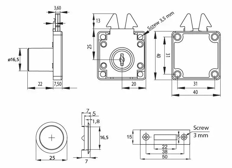 Hochwertiges Aufschraub-Rollladenschloss, Oberfläche: schwarz eloxiert, Ausführung: verschiedenschließend, 14.01.410-0 für Rollladen, Möbelschiebetür