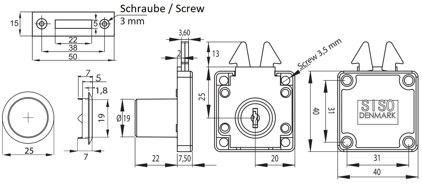 High-quality screw-on roller shutter lock, surface: nickel-plated, design: different locking, 14.01.450-1 for roller shutters, sliding furniture doors