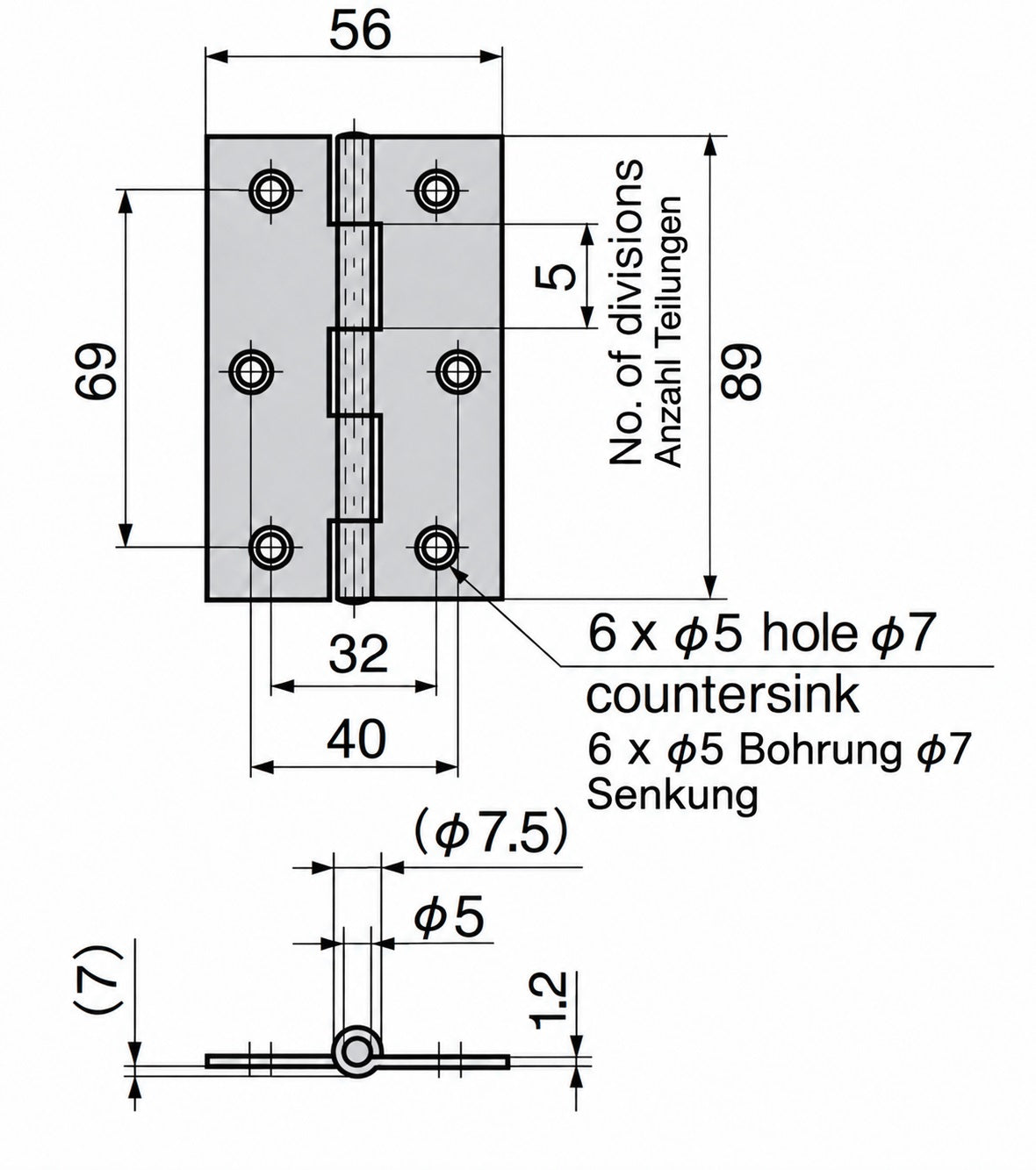 2 pieces of high-quality surface-mounted hinge, made of SUS304 stainless steel, load capacity: 13 kg, 89 mm, B-1059-1 for machine doors, cabinet doors, maintenance flaps