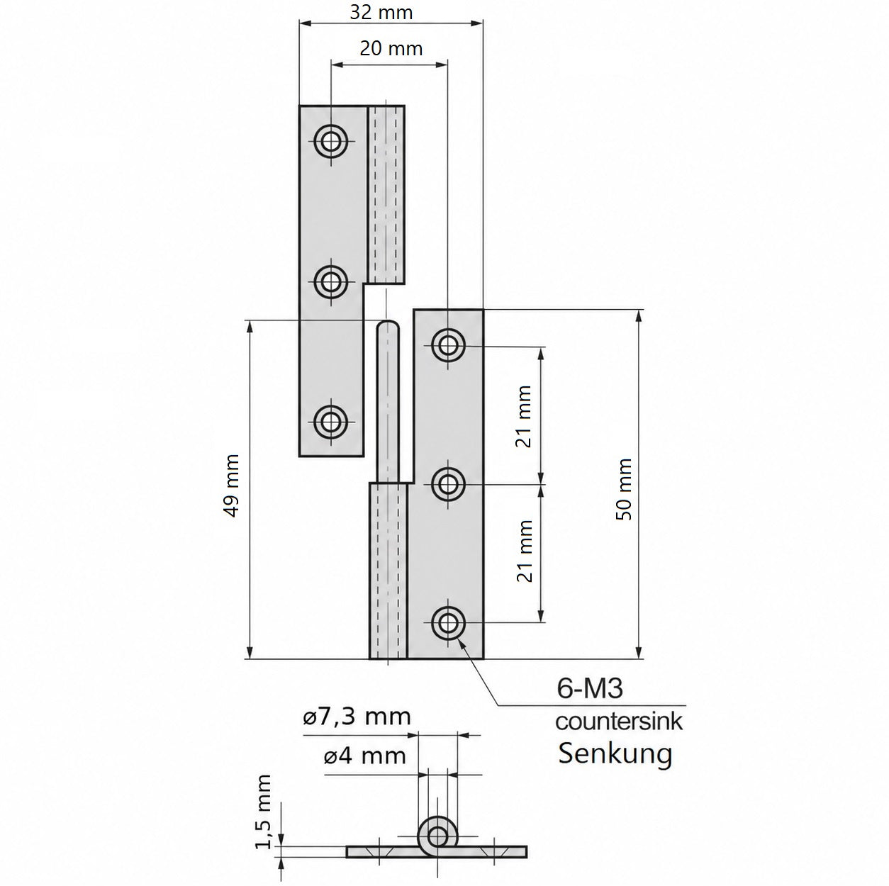 2 charnières universelles de qualité supérieure, en acier inoxydable SUS304, capacité de charge : 7 kg, hauteur : 50 mm (1-31/32″), gauche, B-1004-3-L pour portes, trappes de maintenance
