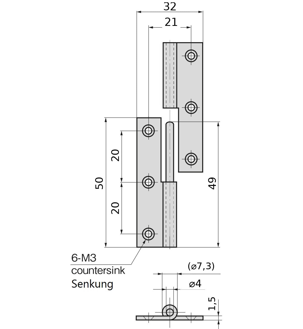 2 Stück hochwertiges Aushängescharnier, aus Edelstahl SUS304, Tragkraft: 7 kg, Höhe: 50 mm (1-31/32″), rechts, B-1004-3-R für Türen, Wartungsklappen