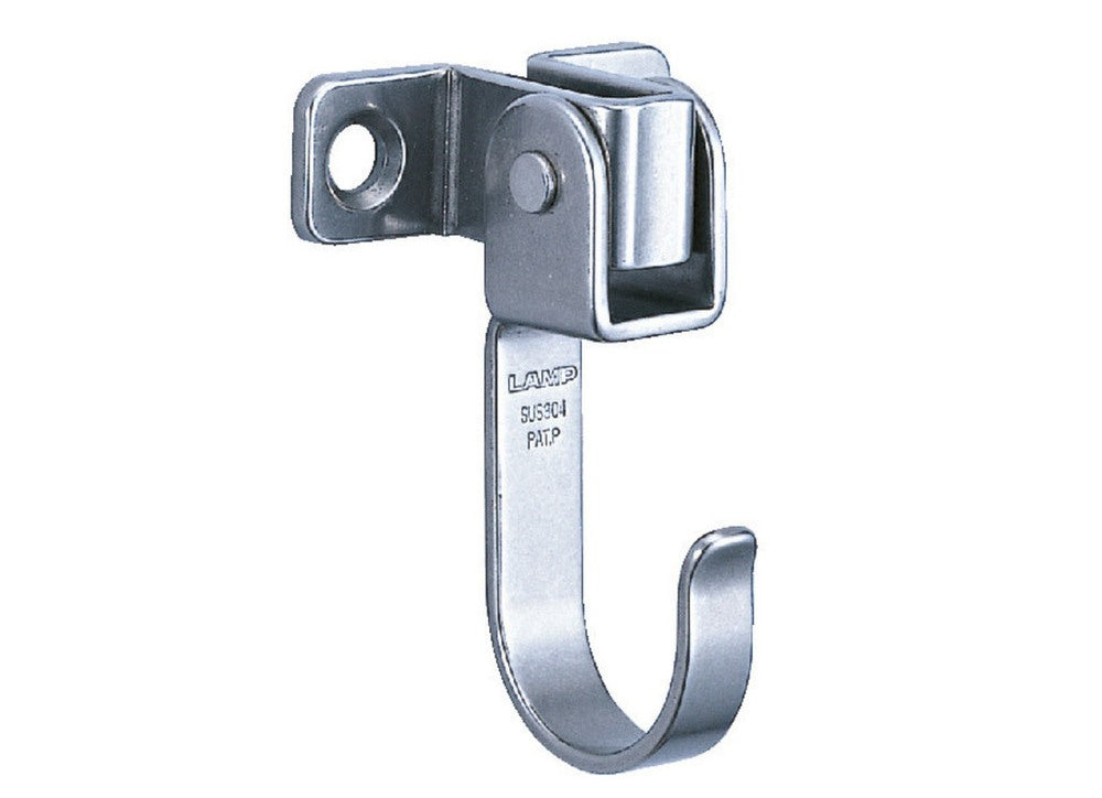 Movable stainless steel hook, surface: glossy polished, 55 mm (2.2"), UC-048. Swing hook for walls, ceilings, bathrooms, outdoors, swimming pools, and much more, by Sugatsune / LAMP® (Japan)