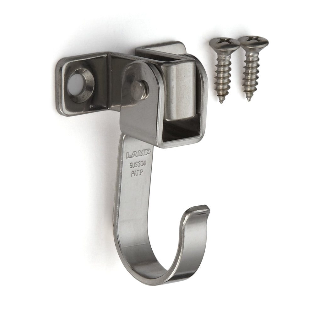 Movable stainless steel hook, surface: glossy polished, 55 mm (2.2"), UC-048. Swing hook for walls, ceilings, bathrooms, outdoors, swimming pools, and much more, by Sugatsune / LAMP® (Japan)