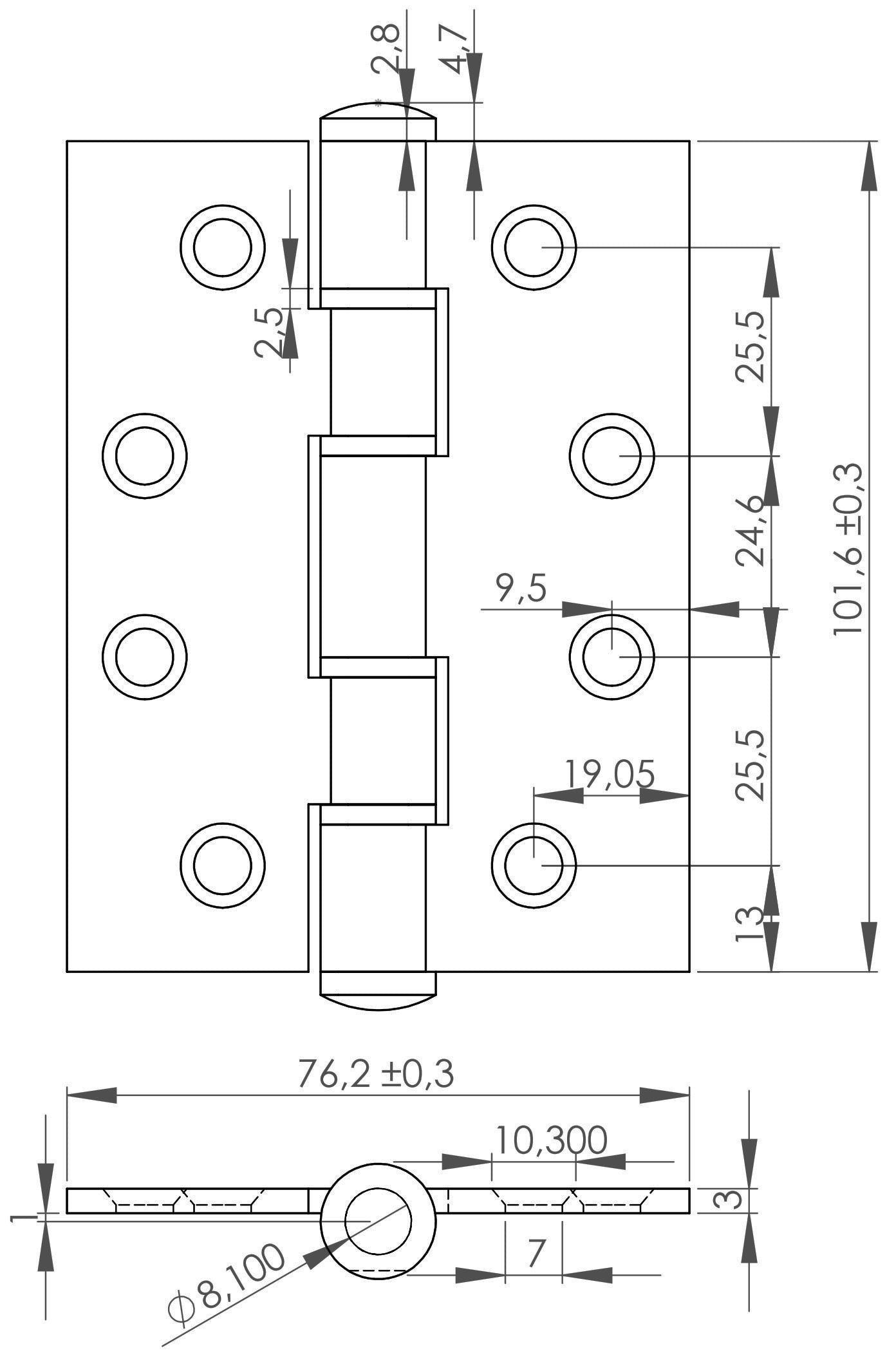 2 high-quality UMAXO® stainless steel door hinges, 102 mm, square shape, including screws. Door hinge for heavy doors. Made of SUS304 (V2A) stainless steel, material thickness 3 mm.