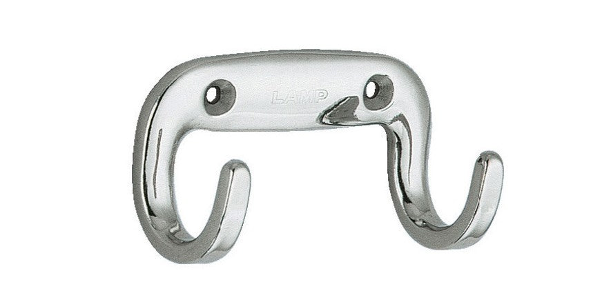 High-quality double hook, made of solid stainless steel, surface: glossy polished, 65 mm (2.6"), EW-65E. Double wall hook for coat racks, bathrooms, outdoor areas, swimming pools, and much more, by Sugatsune / LAMP® (Japan)