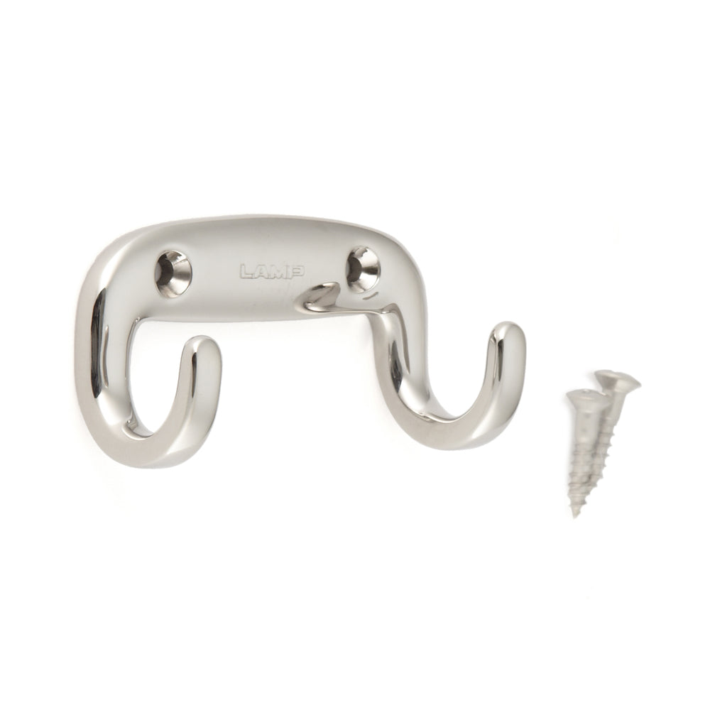 High-quality double hook, made of solid stainless steel, surface: glossy polished, 65 mm (2.6"), EW-65E. Double wall hook for coat racks, bathrooms, outdoor areas, swimming pools, and much more, by Sugatsune / LAMP® (Japan)