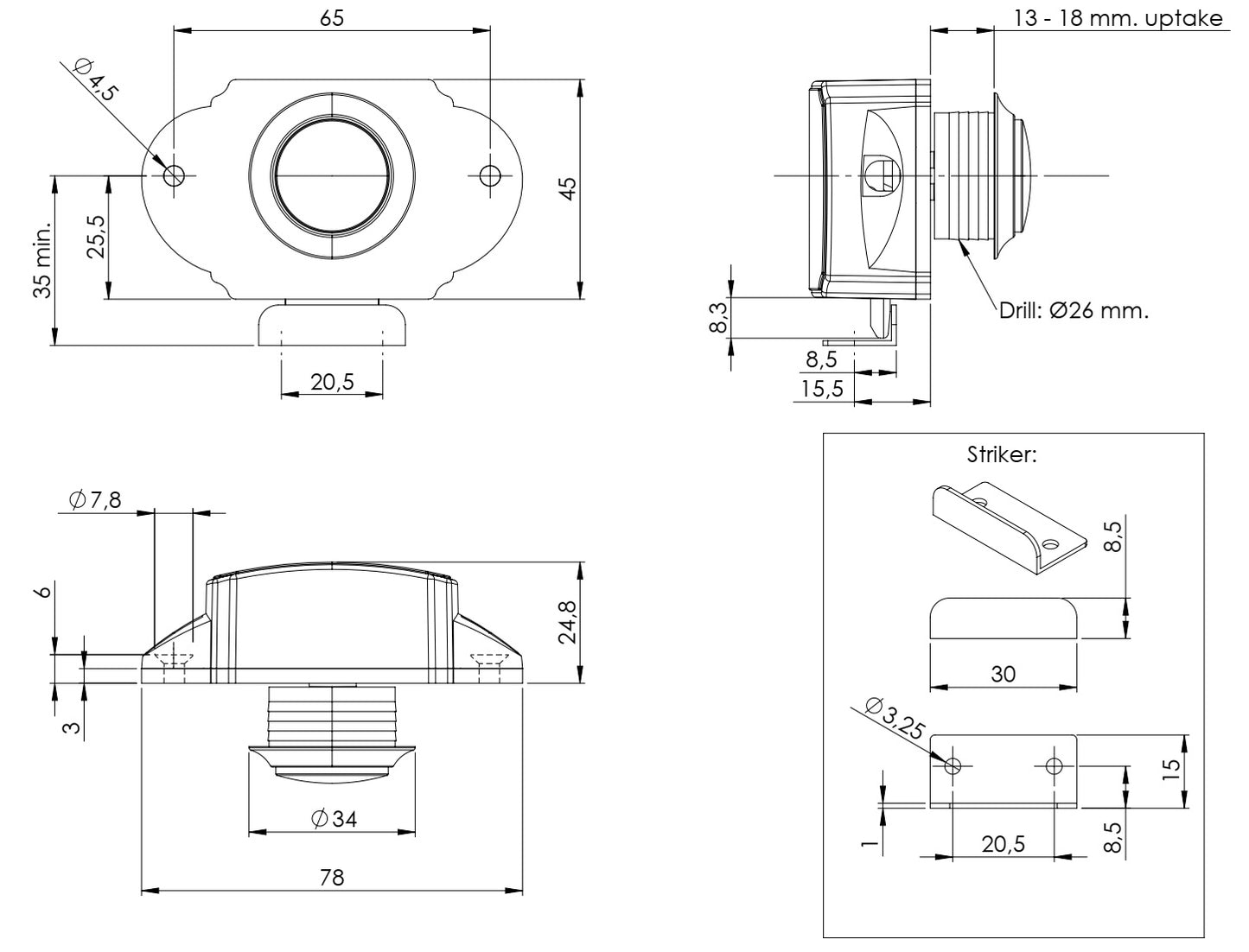 Robuster Druckknopf-Verschluss mit Grifffunktion, aus ABS, Oberfläche: verchromt, Ausführung: rund, 14.03.047-0. Kompakter Druckknopf für Wohnwagen, Yacht, Caravan, Boat, Schranktür, Schublade und viel mehr, von SISO Denmark