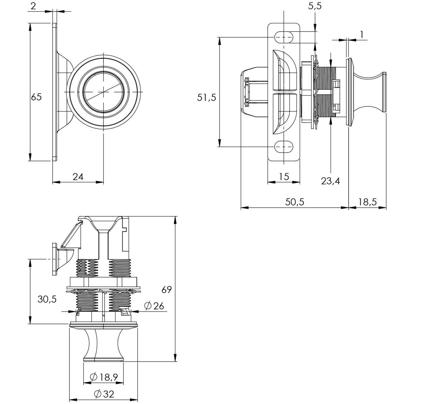 Fermeture à bouton-poussoir de haute qualité avec fonction poignée et fonction de verrouillage par loquet, en Zamak, surface : chromée, design : rond, 14.03.060-0. Bouton poussoir solide pour caravanes, yachts et bien plus encore, de SISO Danemark